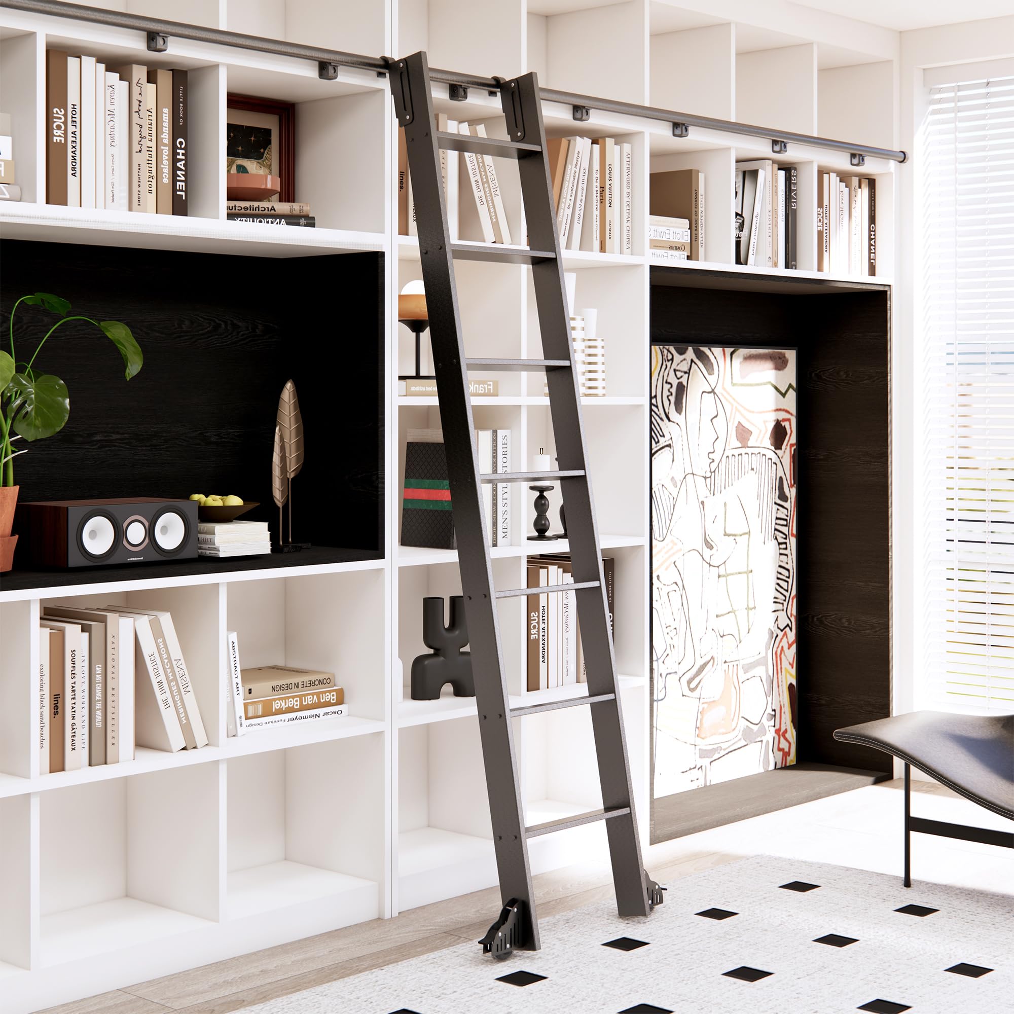 HARDJULAN 87" Black Sliding Library Ladder with 3.3FT Hook Track – Lightweight Aluminum Rolling Ladder with Braking Wheels, Space-Saving Rail Mounted Ladder System for Home Library, Closet & Storage