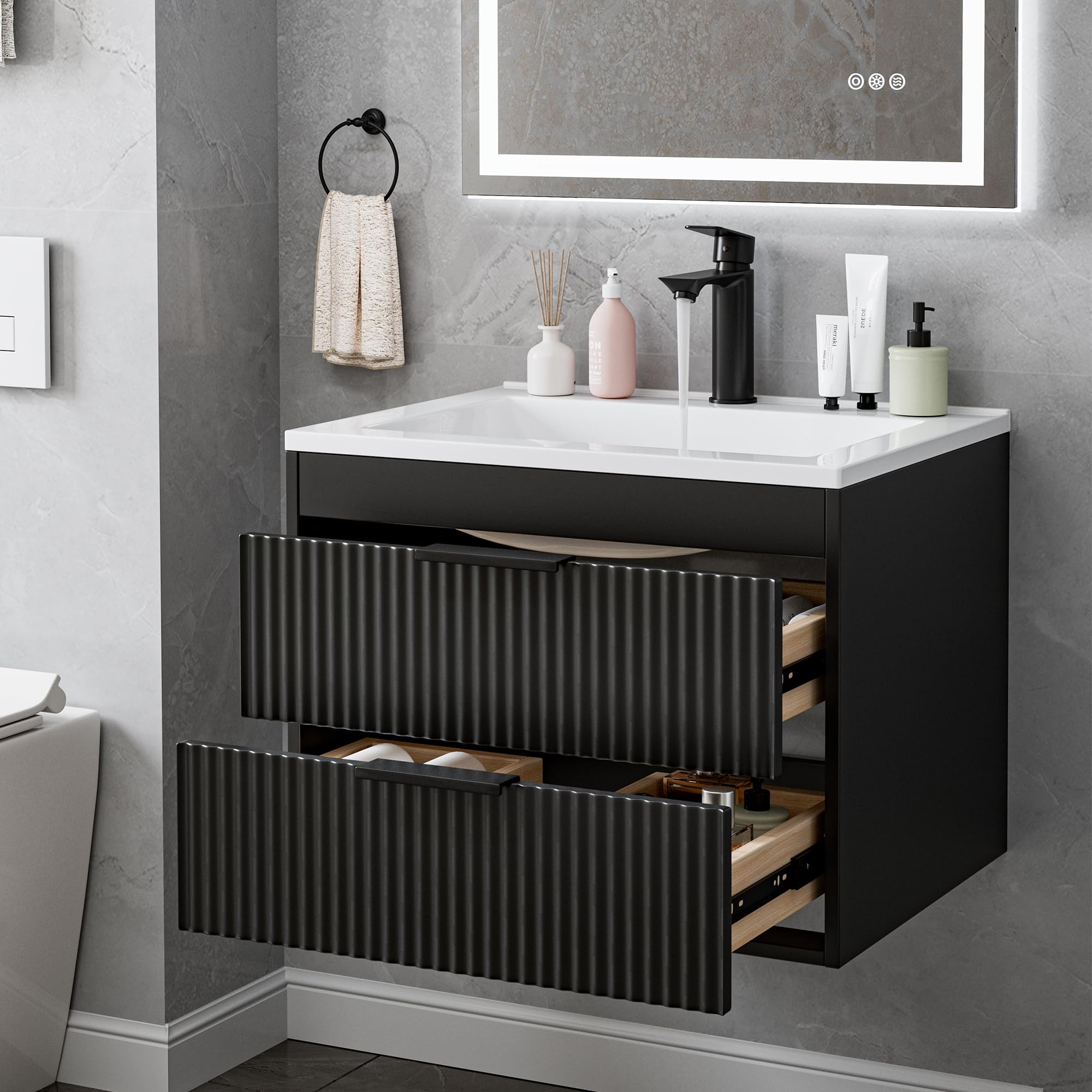 24 Inches Modern MDF Bathroom Vanity with Sink, Wall Mounted Floating Cabinets w/Double Drawers, Black Handles, White Resin Sink Combo Set (Black, 24")