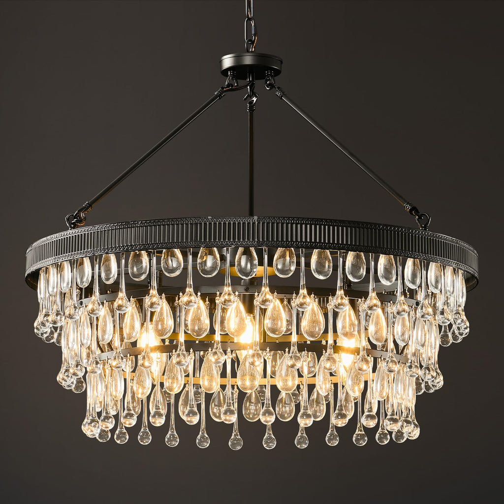 Black Modern Raindrop Crystal Chandelier: 28" Round K9 Crystals Contemporary Chandeliers for Dining Room Lights over Table - Adjustable Large Light Chandelier for Bedroom Living Kitchen Entryway Foyer