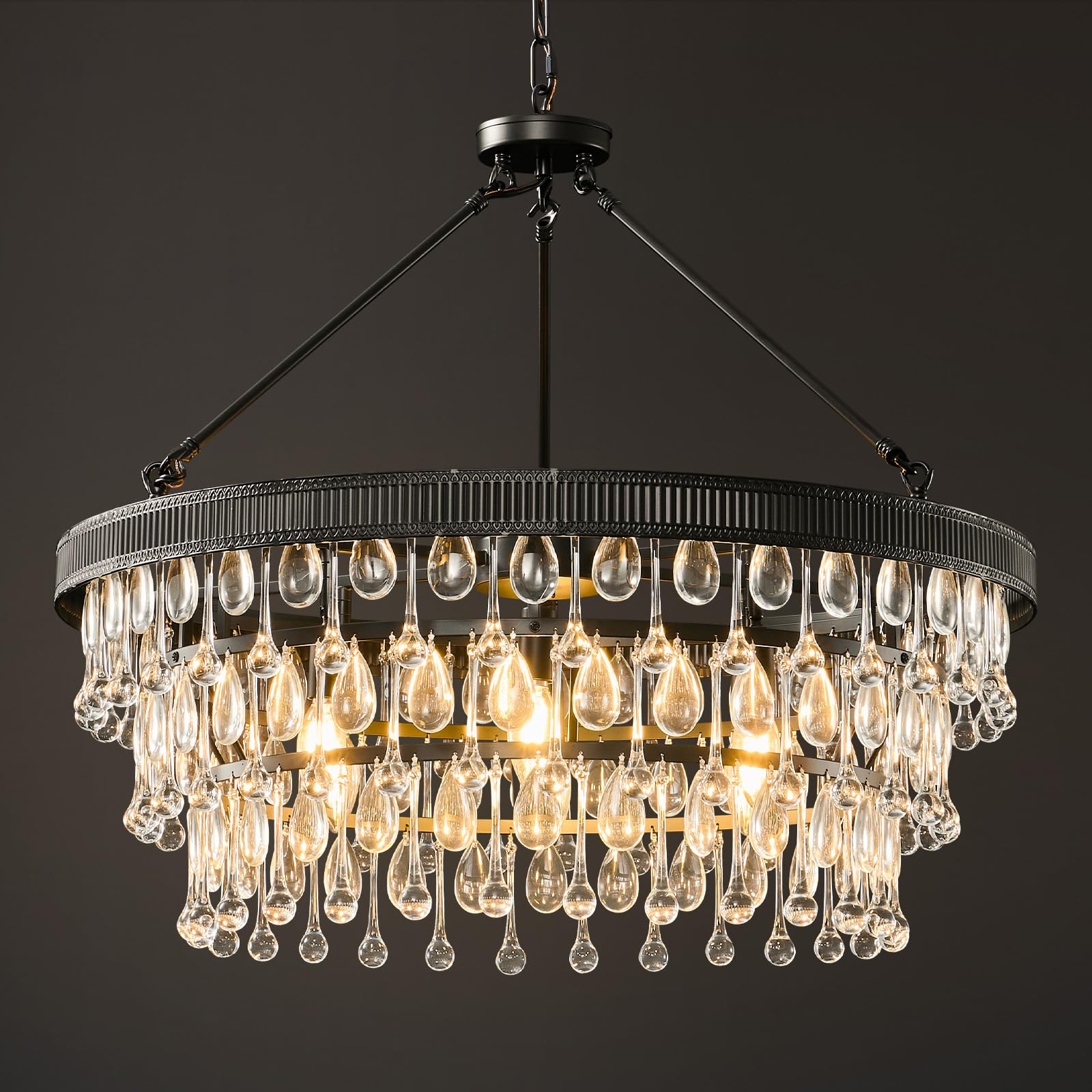 Black Modern Raindrop Crystal Chandelier: 28" Round K9 Crystals Contemporary Chandeliers for Dining Room Lights over Table - Adjustable Large Light Chandelier for Bedroom Living Kitchen Entryway Foyer