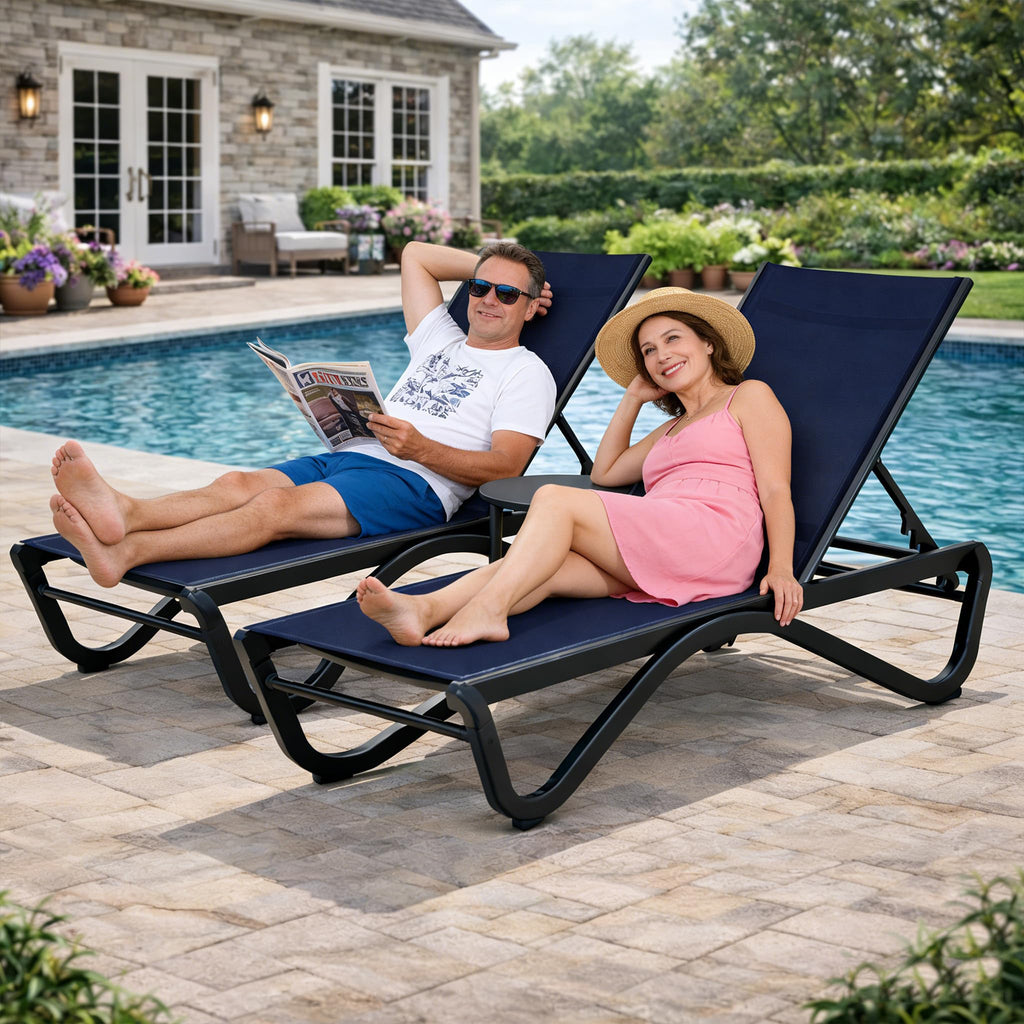 Kozyard Outdoor Chaise Lounge Chair, All Aluminum Frame and Textilene Fabric, Fully Flat Adjustable Reclining Patio Lounger for Poolside, Sunbathing & Backyard (NavyBlue, 2Chairs)