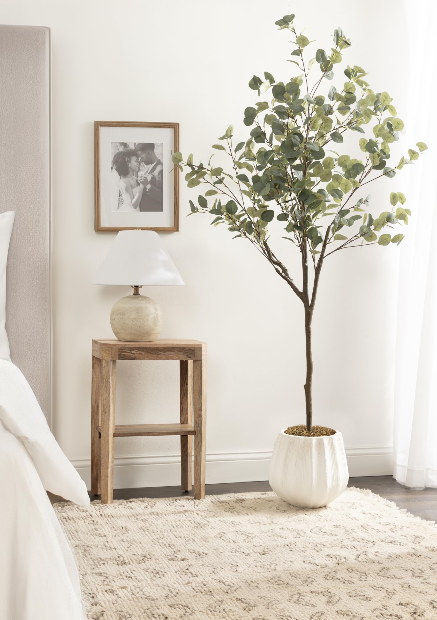 Kate and Laurel Eudora Faux Eucalyptus Tree with Claudel Scalloped Planter Pot, 6 FT, White, Potted Artificial Tree Indoor with Realistic Foliage and Added Moss, Fake Plant for Living Room Decor