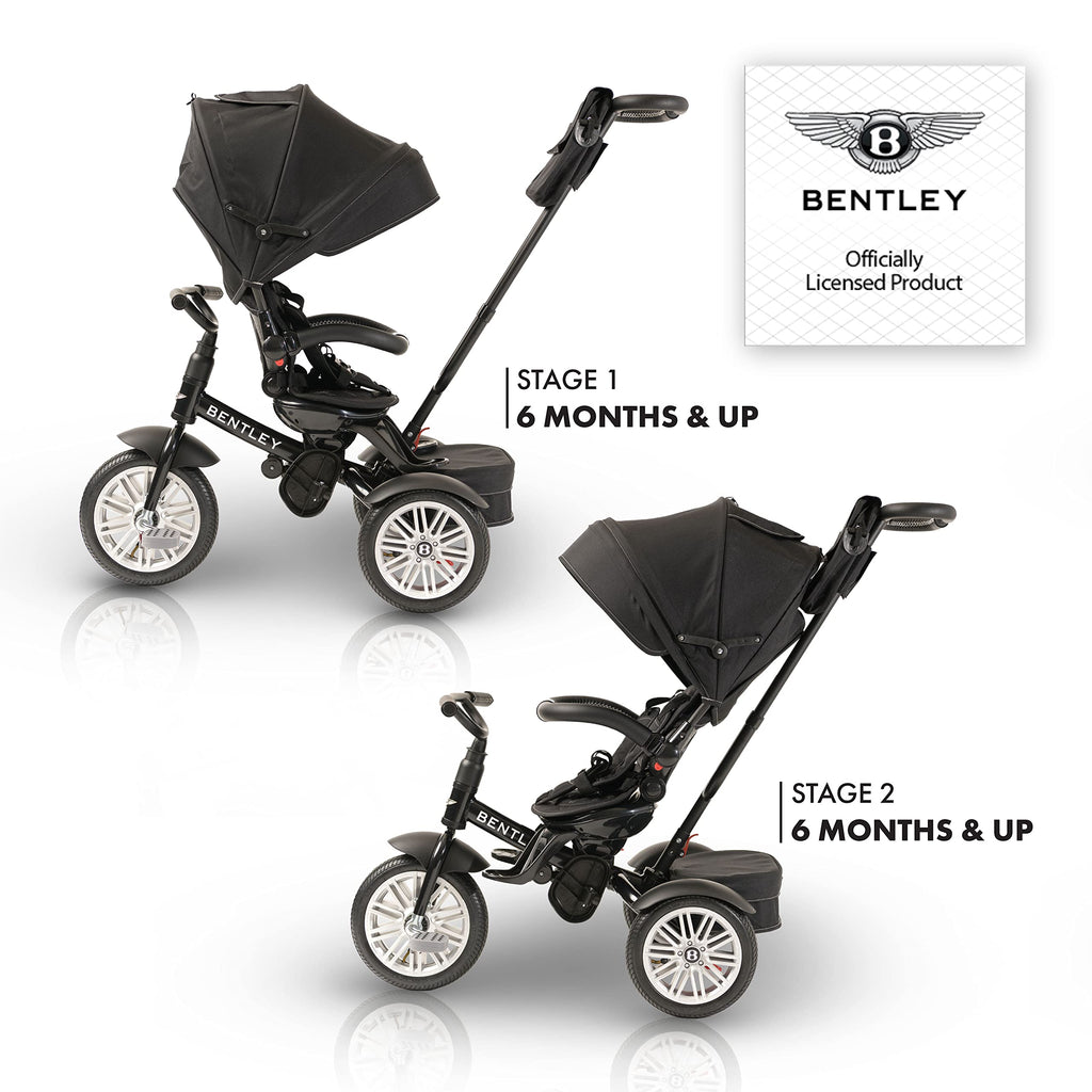 Bentley 6-in-1 Baby Stroller & Toddler Tricycle – Officially Licensed Luxury Kids Bike, Convertible Travel Strollers & Kid Trike with Air Wheels, Canopy & Safety Features (6m-5y+ | Onyx Black )