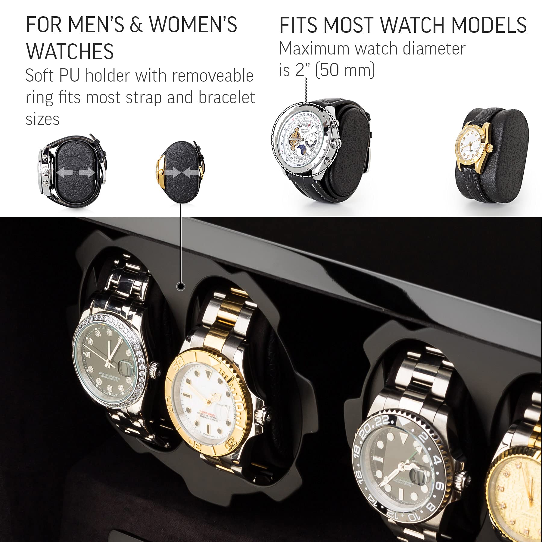 4 Watch Winder with 5 Watch Storage Space, LCD Display, Touch Control and Interior Light (Black + Black)
