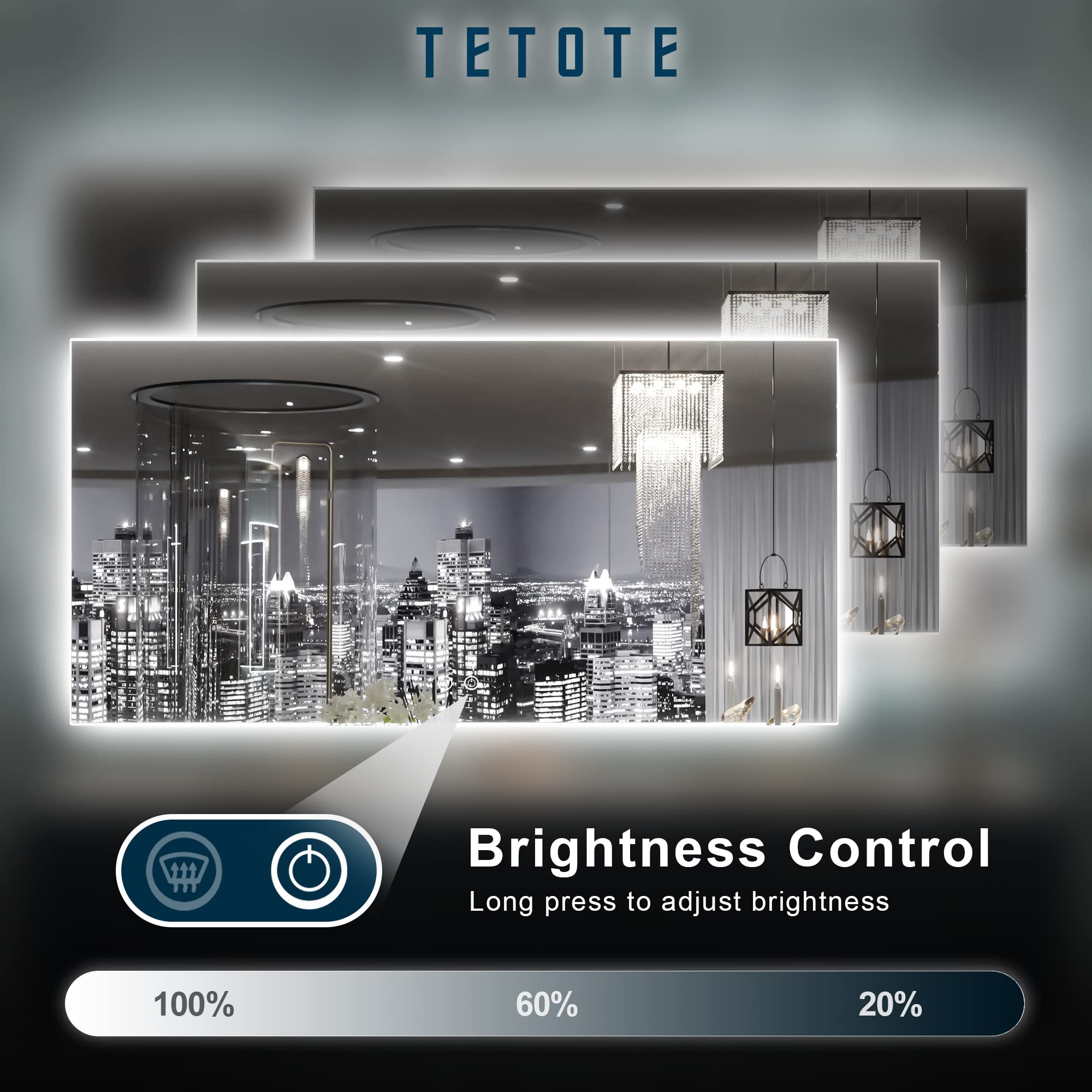 TETOTE 48 x 24 Inch LED Backlit Mirror Bathroom with Light,Anti-Fog,Dimmable,CRI90+,Makeup Vanity Mirror,Lighted Mirror(Horizontal/Vertical)