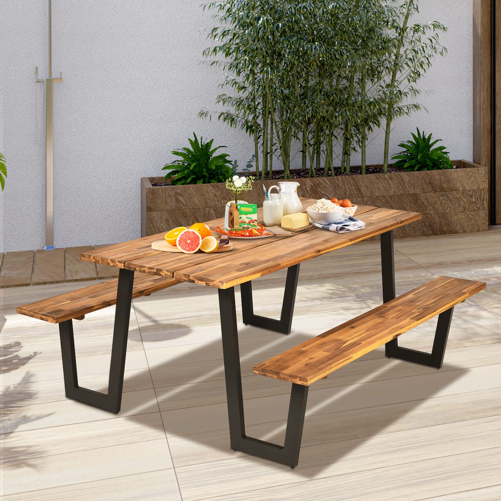 HOMGX Picnic Table, 6 Ft Dining Table with 2 Umbrella Hole, Table Bench Set with Heavy-Duty Metal Frame, Acacia Wood Picnic Table for Outdoor, 6-8 Person, Patio, Lawn, Party, Garden, Natural & Black