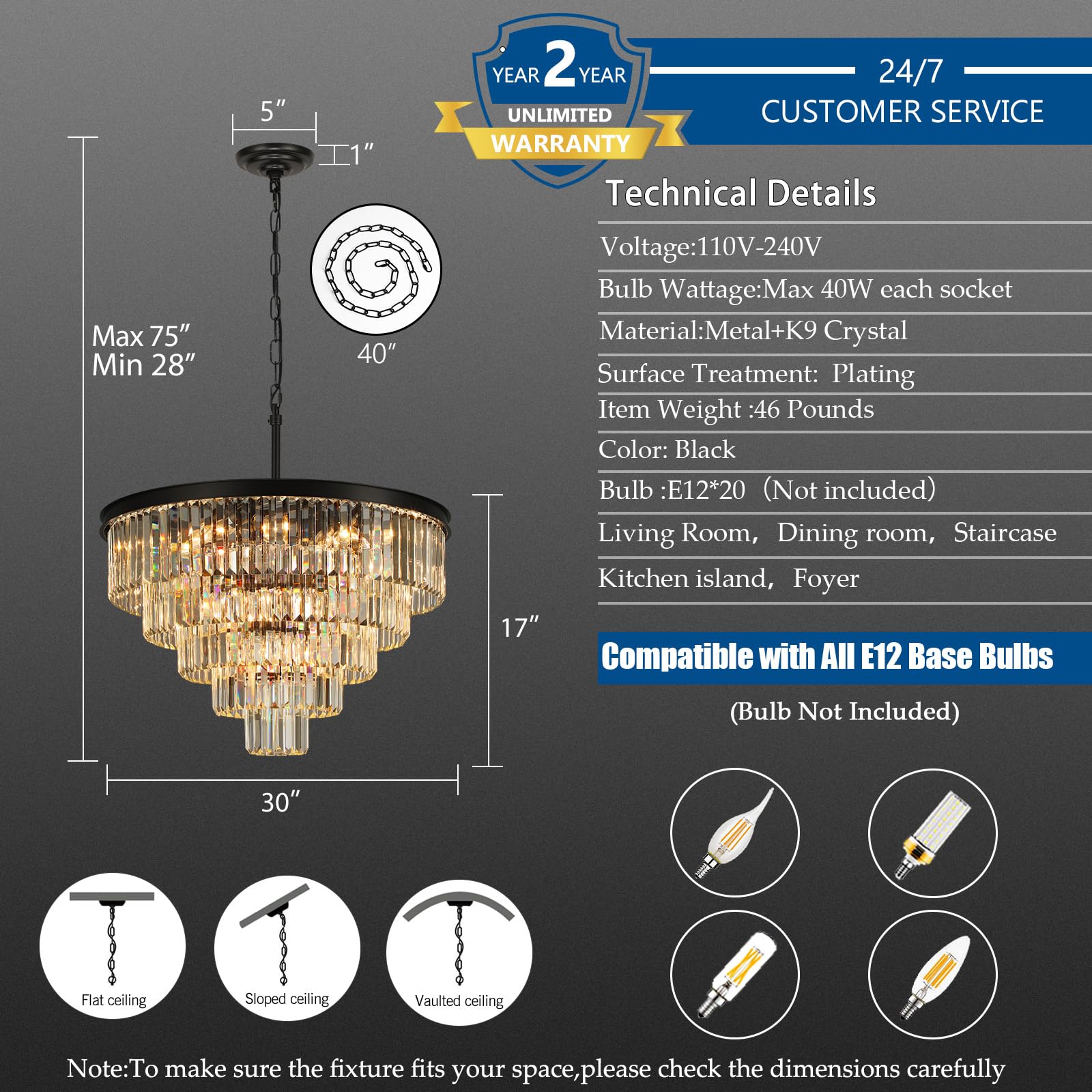 Crystal Chandeliers for Dining Room Lights Fixture Over Table, 20 Lights Black Modern Chandeliers for Living Room, 5-Tier Round Crystal Lighting Fixtures for Bedroom Entryway Kitchen Island D30 Inch