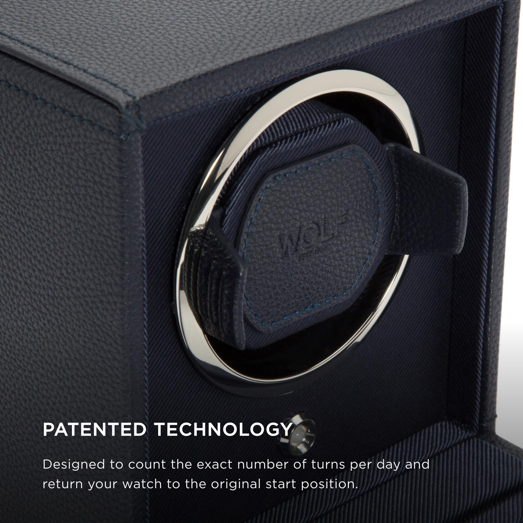 Wolf Cub Single Watch Winder with Glass Cover, Navy - Secure Fit with Patented Lock-in Dynamic Cuff - Accommodates All Wrist Sizes - Vegan Leather - Includes Universal Adapter