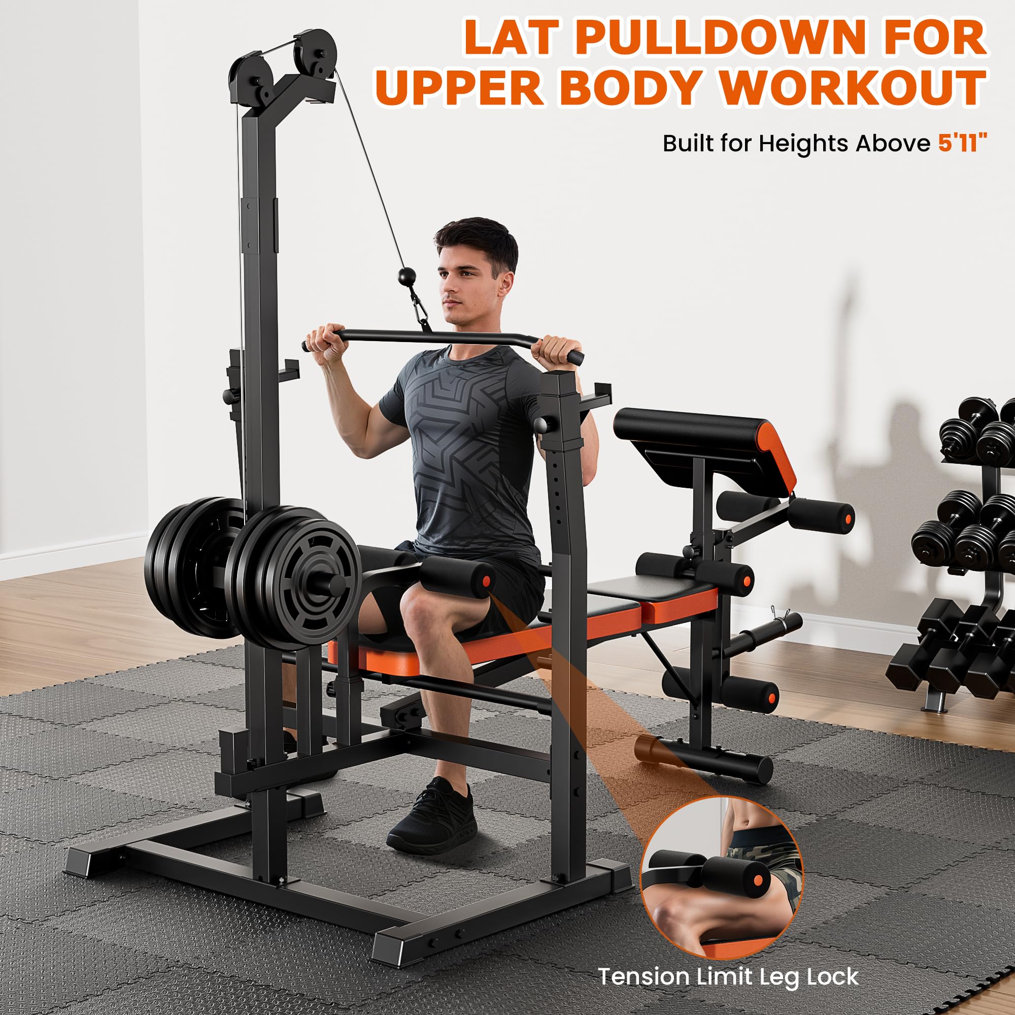 9-in-1 Adjustable Olympic Weight Bench with Lat Pulldown, Row, Squat Rack & Leg Curl – Multi-Function Strength Training Bench Press for Home Gym Full Body Workout (9 in1 Olympic Weight Bench)