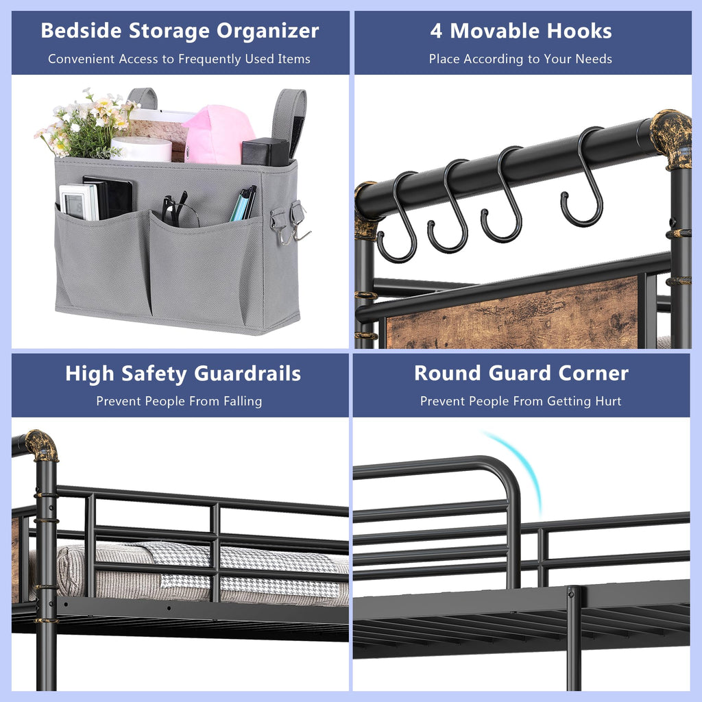 Jocoevol Metal LED Bunk Bed Twin Over Twin with 2 Storage Drawers, USB Charging Station, Industrial Bunkbeds Heavy Duty Bed with Safety Guardrail and Ladder, No Box Spring Needed, Vintage Brown