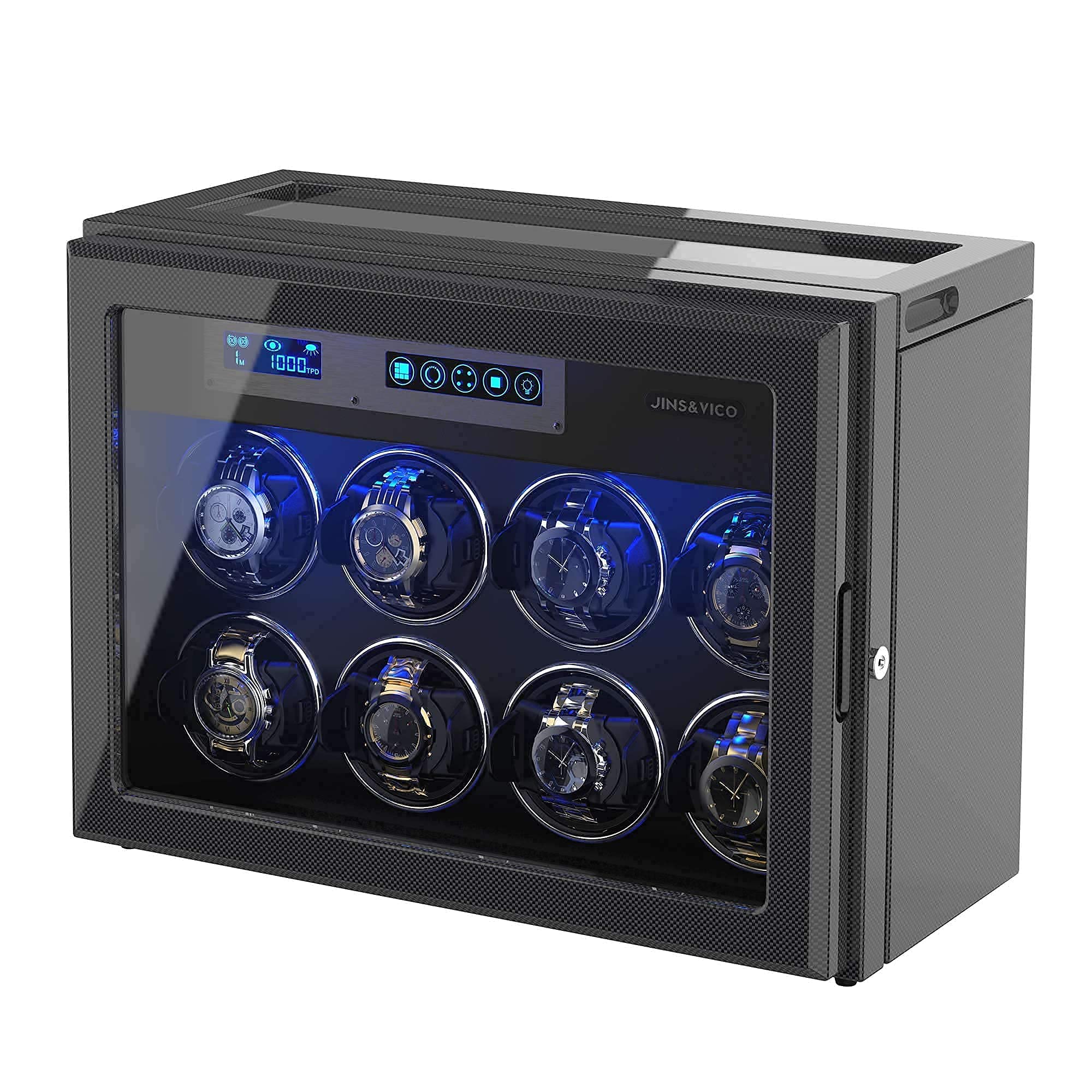 JINS&VICO Watch Winder for Automatic Watches, Carbon Fibre Shell with High-Gloss Lacquer, Upgraded Adjustable Watch Pillows Fit for Universal Lady and Men's Watch, Built-in Illumination