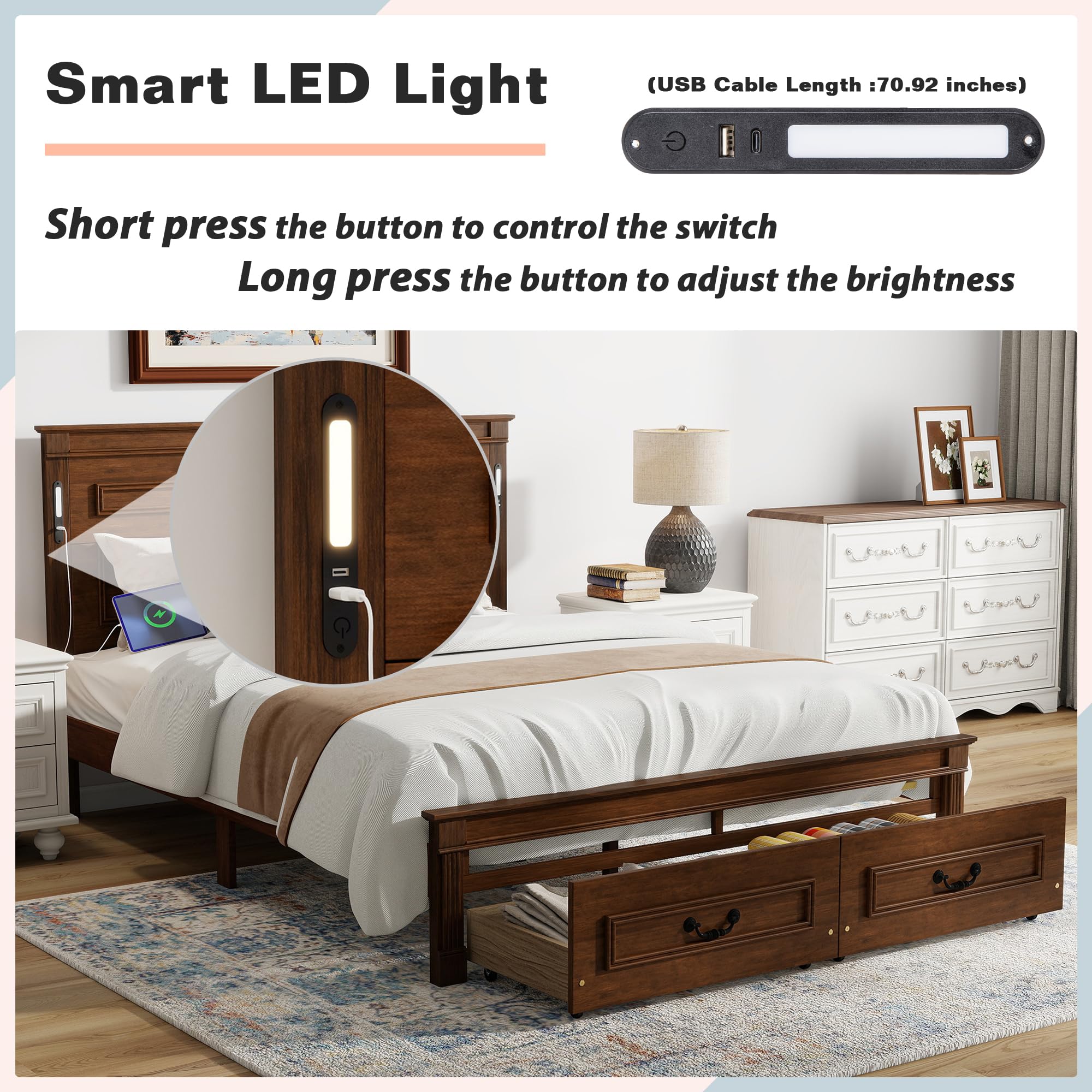 KEIKI Queen Size Farmhouse Bed Frame with 2 Storage Drawers & LED Lights & USB-C Charging Ports, Solid Wood Platform Bed with Tall Panel Headboard & Footboard, No Box Spring Needed, Walnut