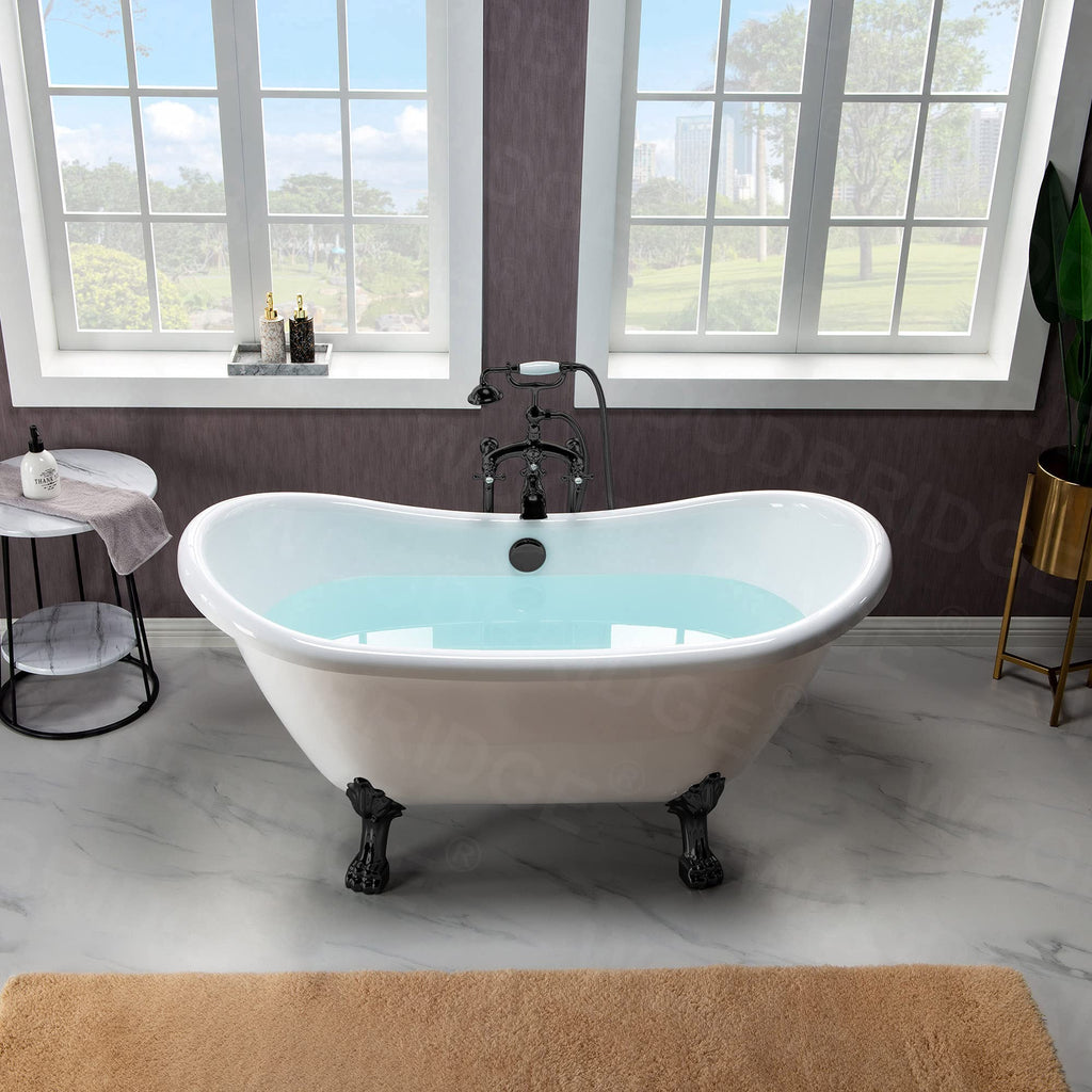 WOODBRIDGE 59" Heavy Duty Acrylic Double Slipper Clawfoot Bath Tub with Matte Black Feet + Matte Black Drain &Overflow