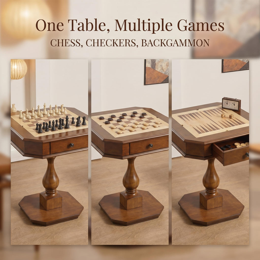 ComeWay Chess Table, Reversible Chess Checker Game Table with 2 Drawers for Family Entertainment Room, 3-in-1 Square Game Tray for Chess Checker Backgammon, Cherry Finish