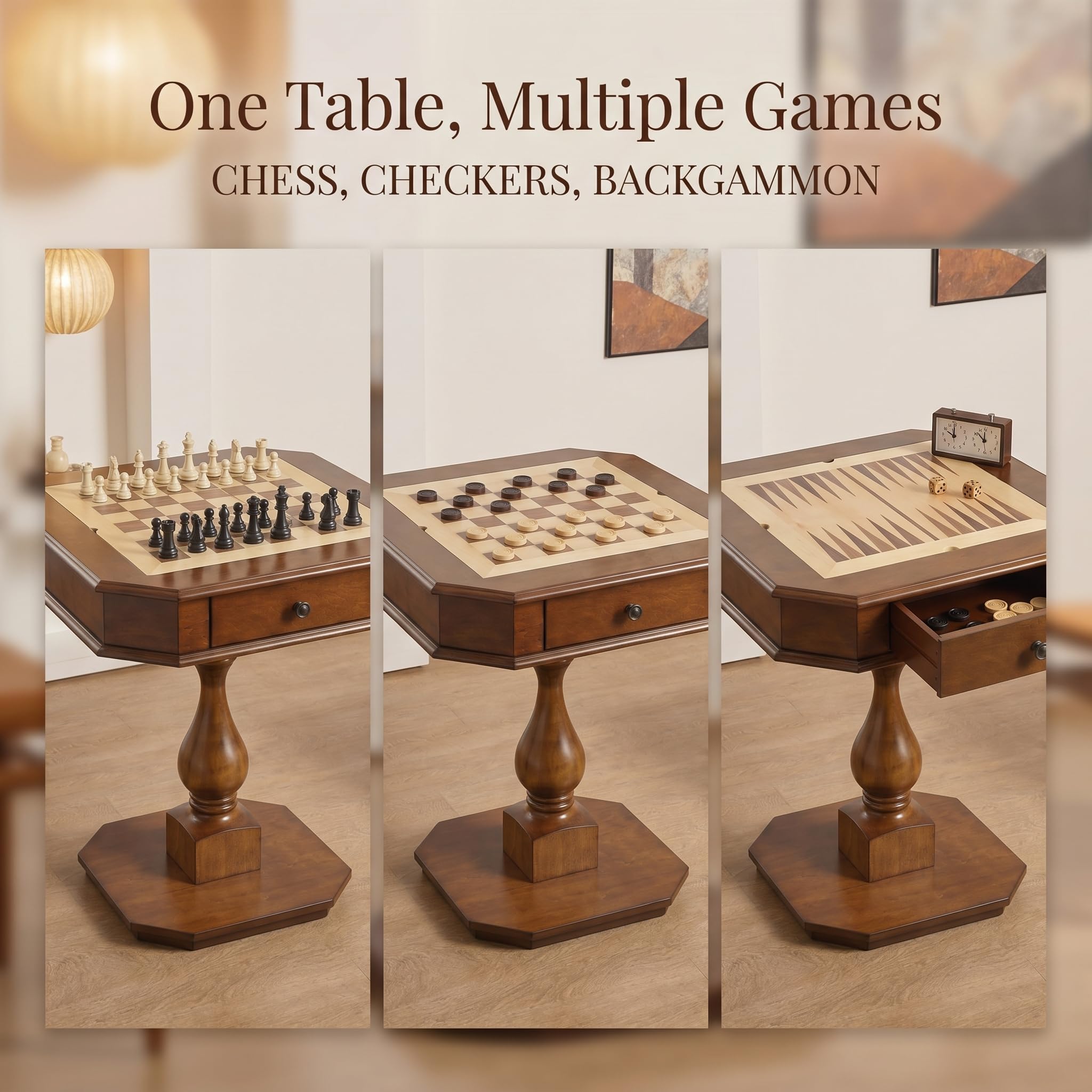 ComeWay Chess Table, Reversible Chess Checker Game Table with 2 Drawers for Family Entertainment Room, 3-in-1 Square Game Tray for Chess Checker Backgammon, Cherry Finish