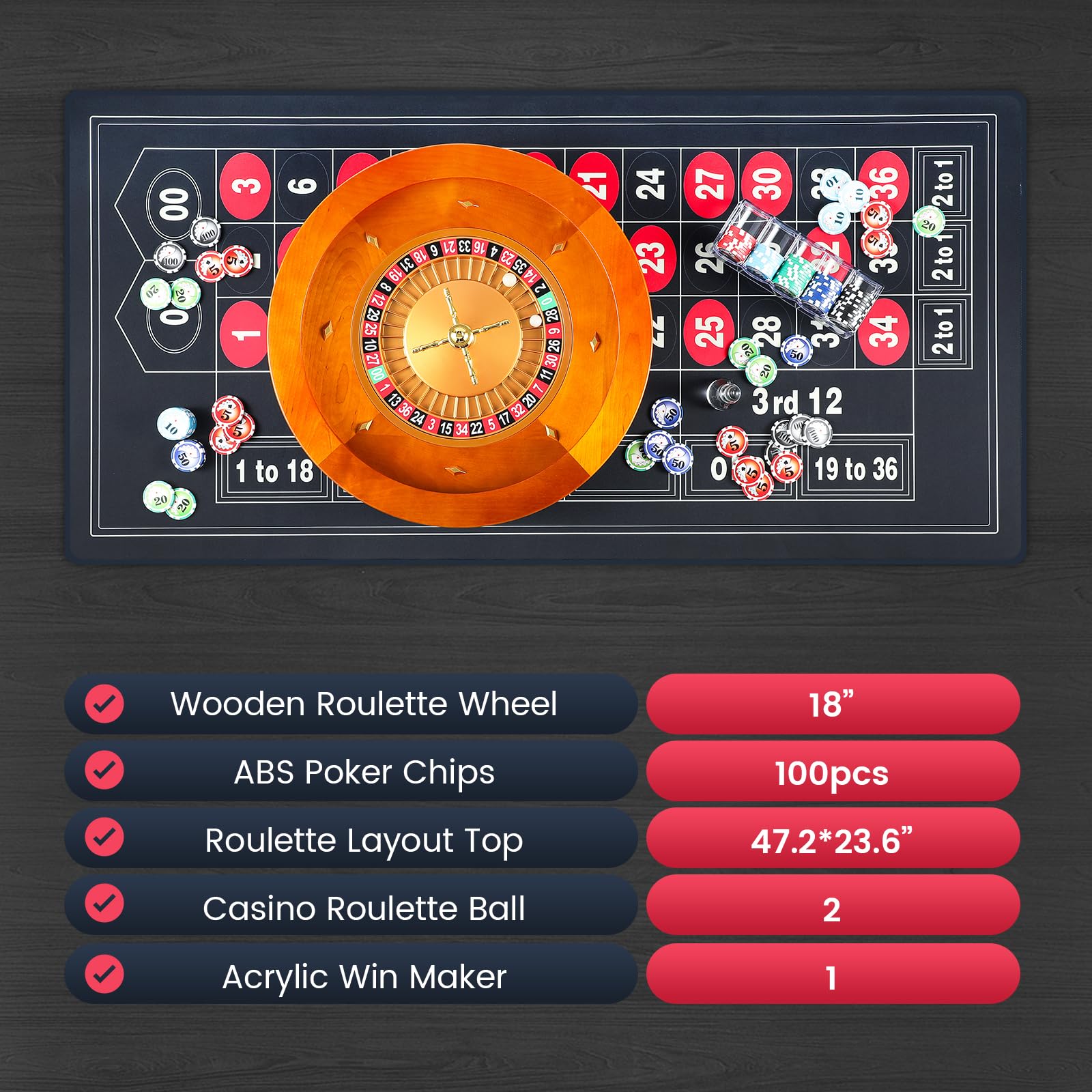 Proshine 18" Wooden Roulette Wheel Set with 47.2 * 23.6” Roulette Tablecloth 100pcs Poker Chips Roulette Win Marker Dual Balls Casino Game Sets Smooth Rotation Roulette Wheel for Family & Party Fun