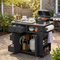 Merax Outdoor Extendable Kitchen Island with Storage, Stainless Steel Top Grill Table with Side Spice Rack, Solid Wood Kitchen Cart with Drawers and Storage Cabinet for Backyard, BBQ, Party