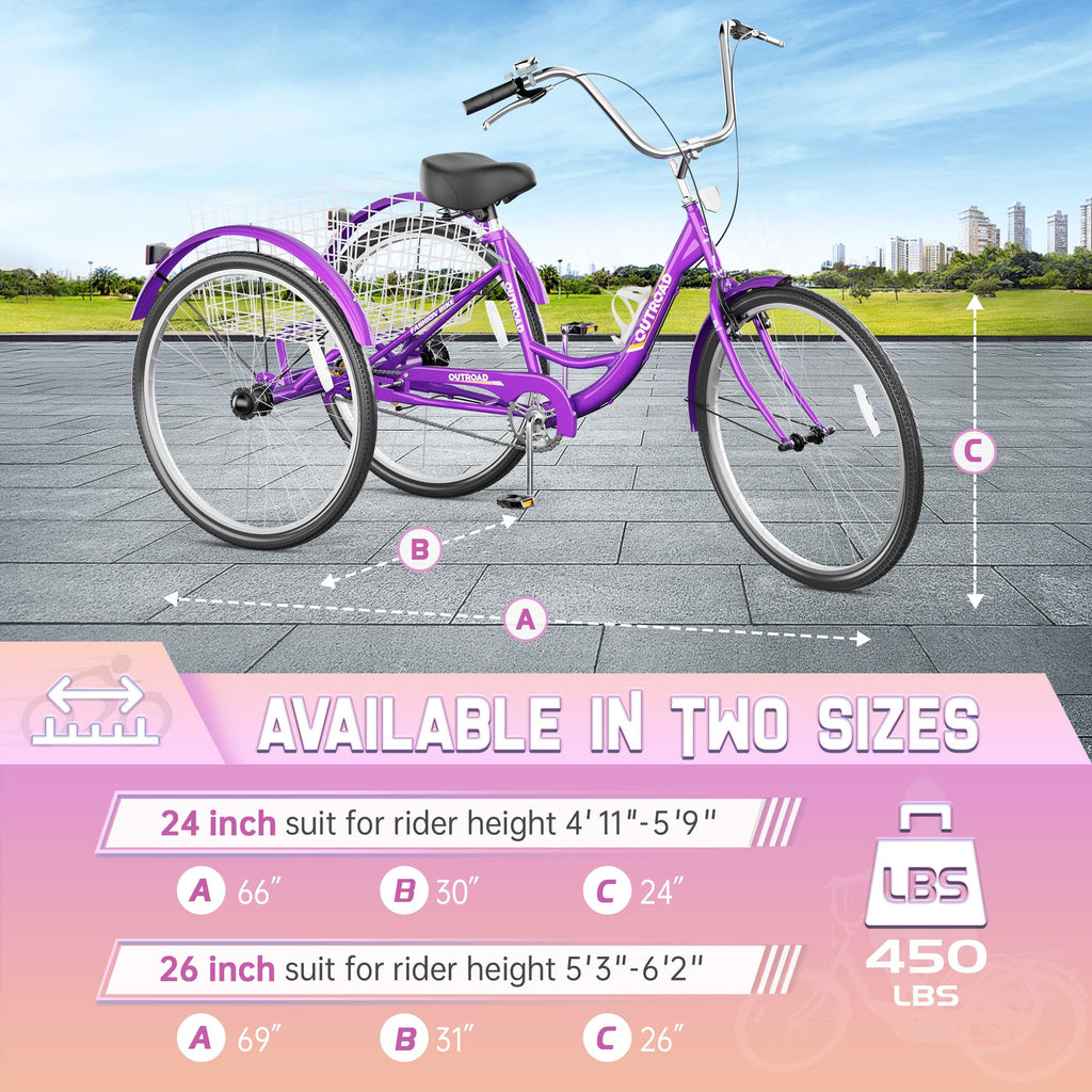 MarKnig 1 Speed Adult Tricycle, 3 Wheel Bikes with Large Basket, Cruiser Bike for Women/Men/Seniors, Adult Trike for Outdoor/Shopping/Recreation/Picnic(24Inch Purple)