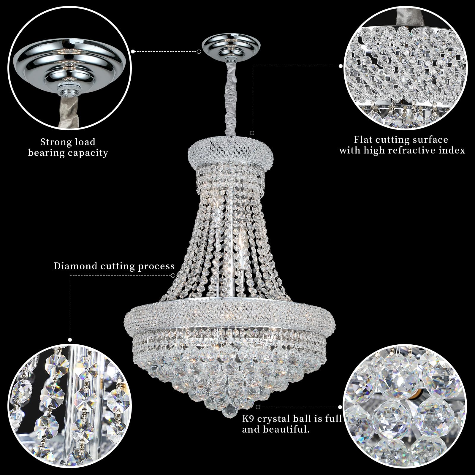 Gifarich Crystal Chandeliers for Dining Room Light Fixture,Empire Style K9 Crystal Chandeliers for Entryway,12 Lights Chrome Luxury Lighting Fixtures for Living Room Stairway Bedroom Foyer D22 Inch
