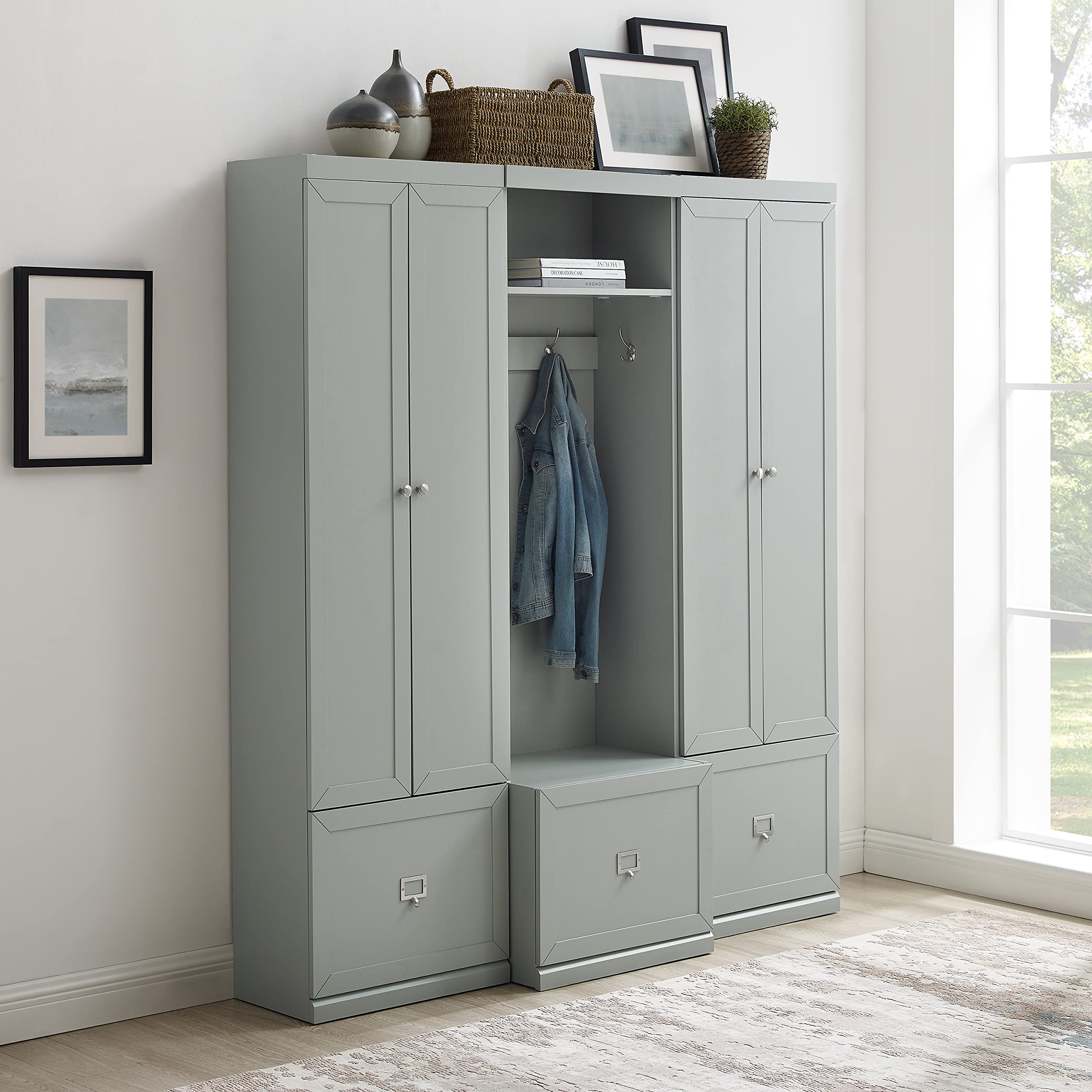 Crosley Furniture Harper 3-Piece Hall Tree and Storage Cabinet Set with Entryway Bench and Hooks for Hanging, Gray