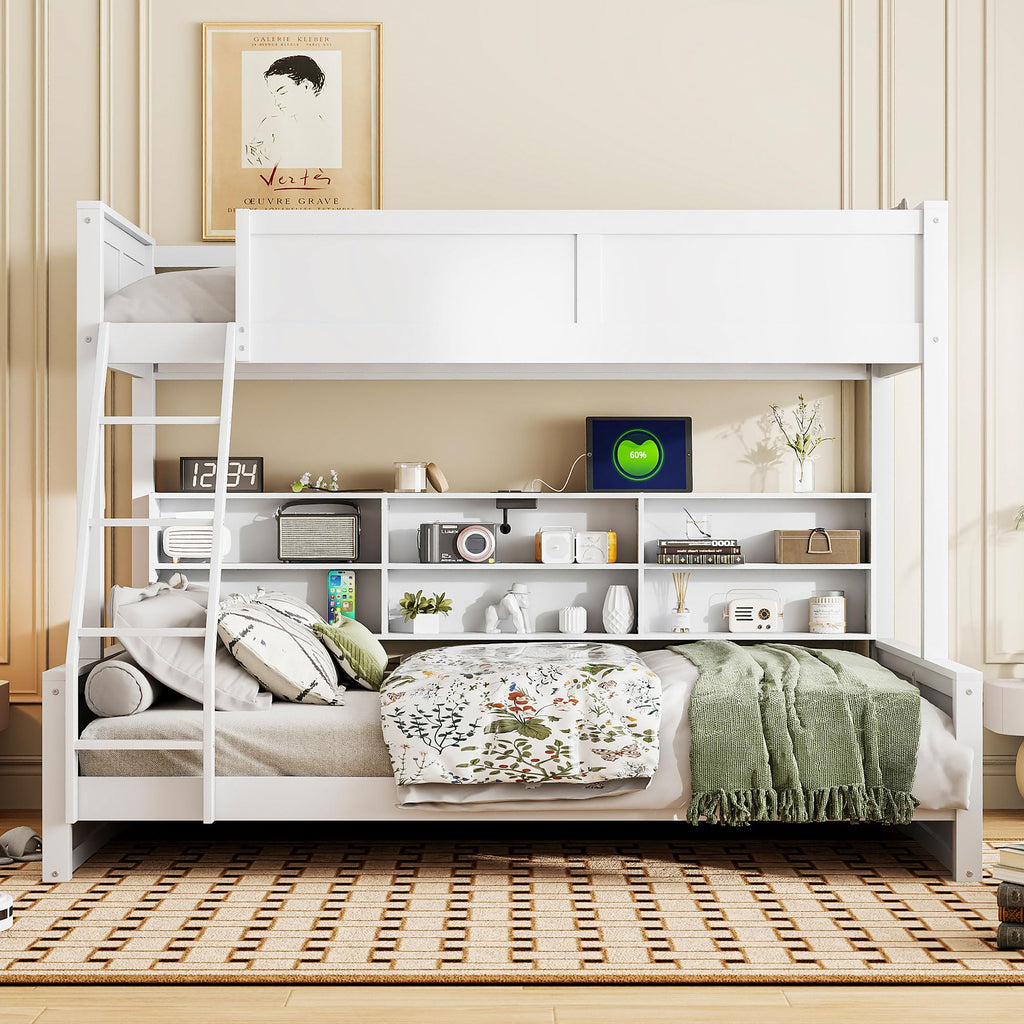 Bellemave Twin XL Over Queen Bunk Bed for Kids/Adults,Bunk Beds with Charging Station and Bookcase,Solid Wood Bunk Beds Twin XL Over Queen for Girls,Boys,Antique White