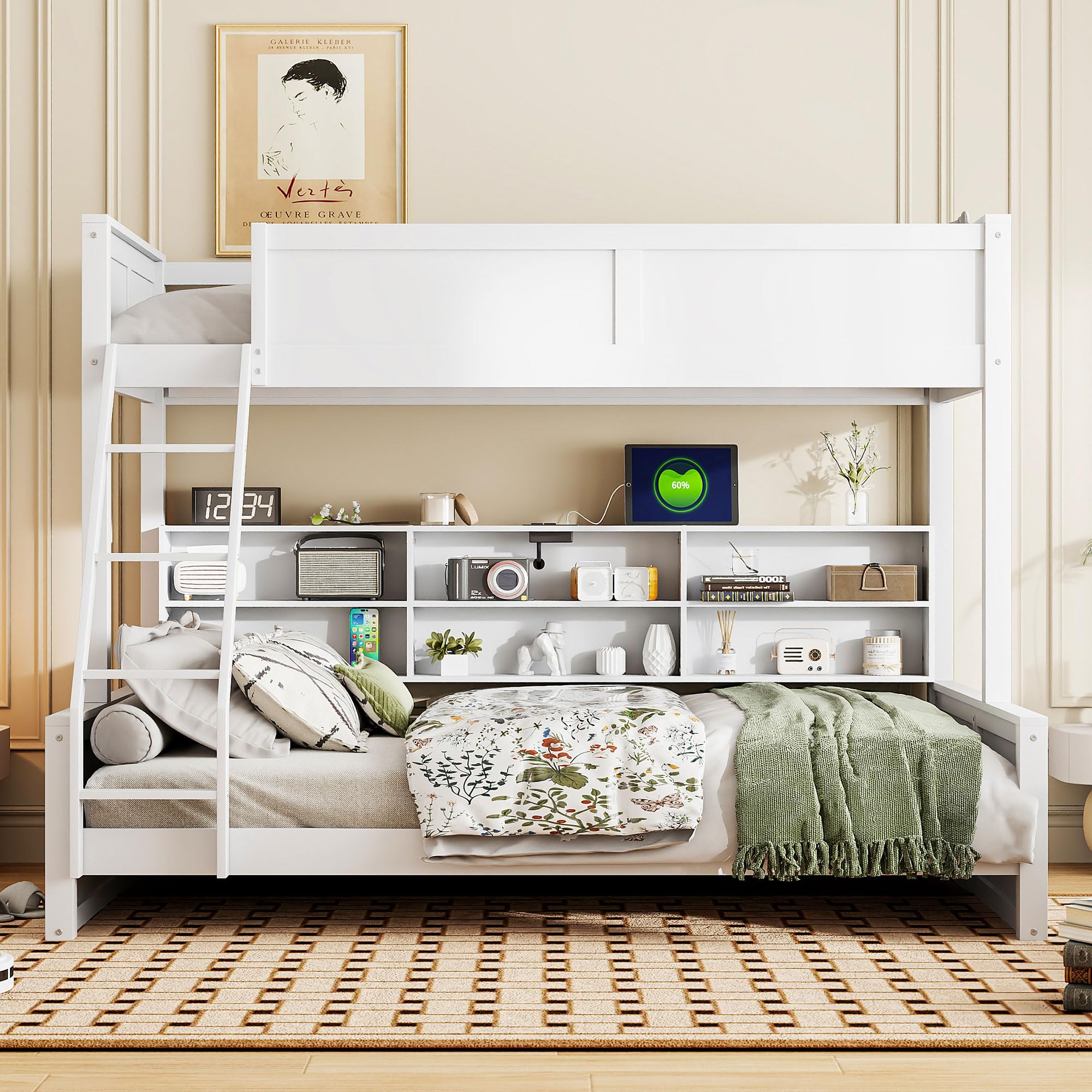 DNYN Twin XL Over Queen Bunk Bed with Storage for Kids/Adults,Solid Wood Bedframe w/Cabinets & USB Ports Design,Perfect for Bedroom, Guest Room, White