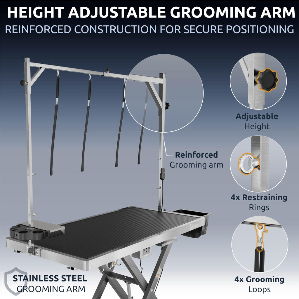 KANIS Professional Electric Dog Grooming Table - Heavy Duty, Height Adjustable Pet Grooming Table w/Leveling Wheels, Dog Grooming Arm, Anti-Slip Tabletop & Tool Organizer (Grey, 49")