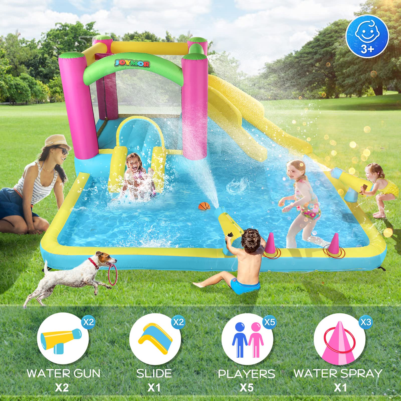 JOYMOR Inflatable Bounce House with Double Water Slide for Kids Toddler Age 3-10, Splash Pool Water Cannons, Ring-Toss Games for Outdoor Backyard Fun Water Toys, Indoor Bouncy Castle with Air Blower