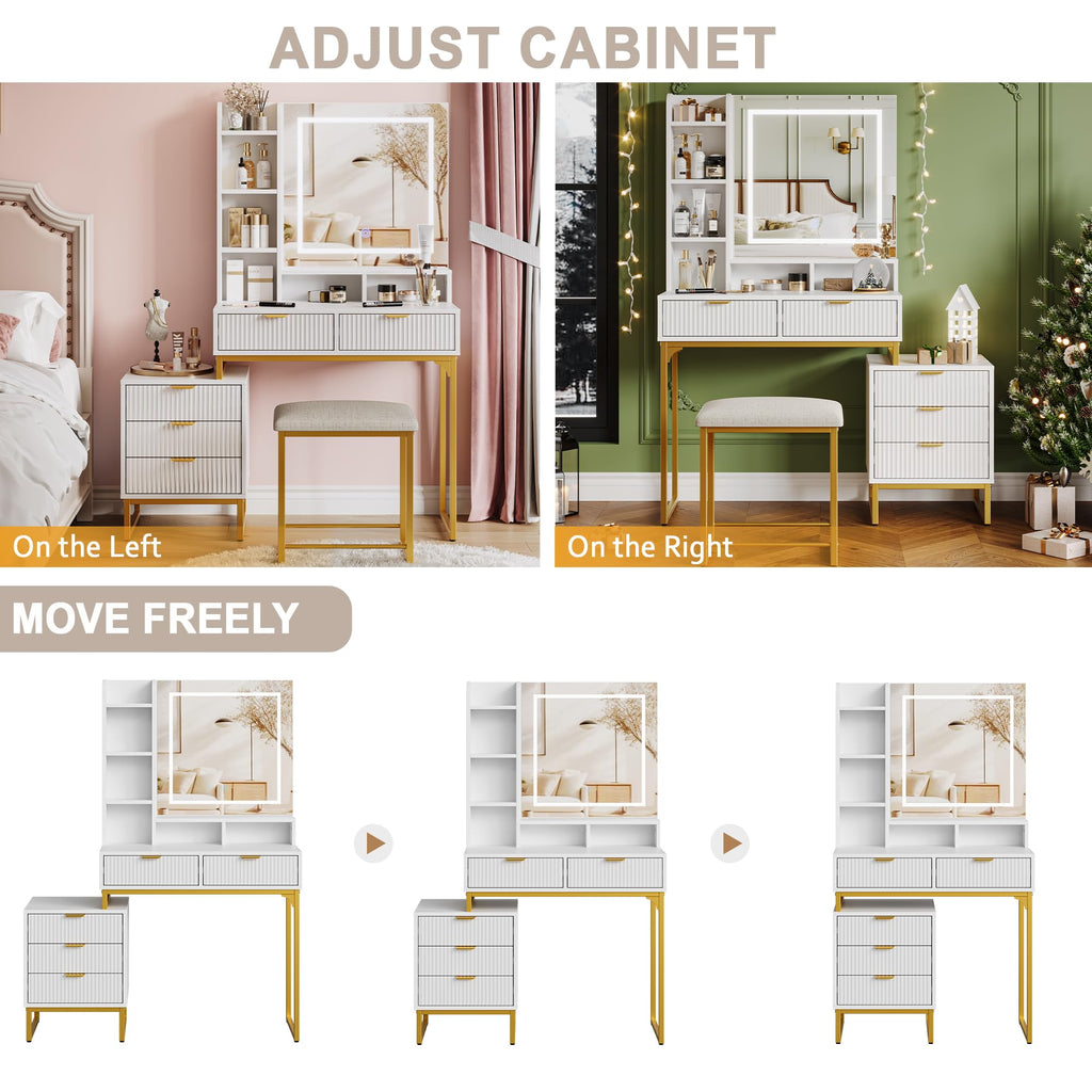 GAOMON Modern LED Makeup Vanity Desk with Mirror – 5 Drawers, Removable Side Cabinet, Cushioned Stool, Adjustable Lights – Bedroom Dressing Table for Girls & Women – Gold Iron + White Plate + Gold