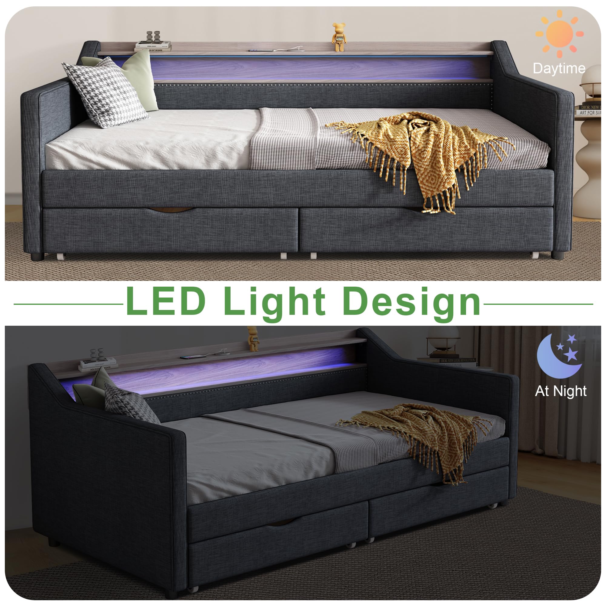 Ball & Cast Twin Size Daybed Frame with Storage Drawers and 2-Tier Shelf,Modern Linen Upholstered Sofa Bed w/Charging Station,Smart LED Light,Wood Slats Support,for Livingroom,Apartment,Dark Grey
