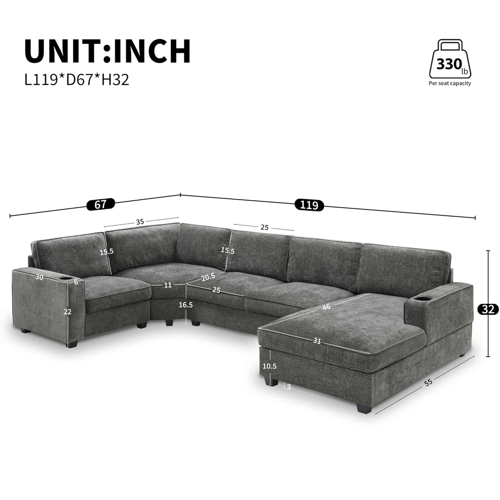 Merax Modern U-Shaped Cloud Couch Set with Oversized Chaise Lounge, Chenille 6-Seat Sectional Sofa Sleeper Bed with Cup Holders for Living Room Dark Gray