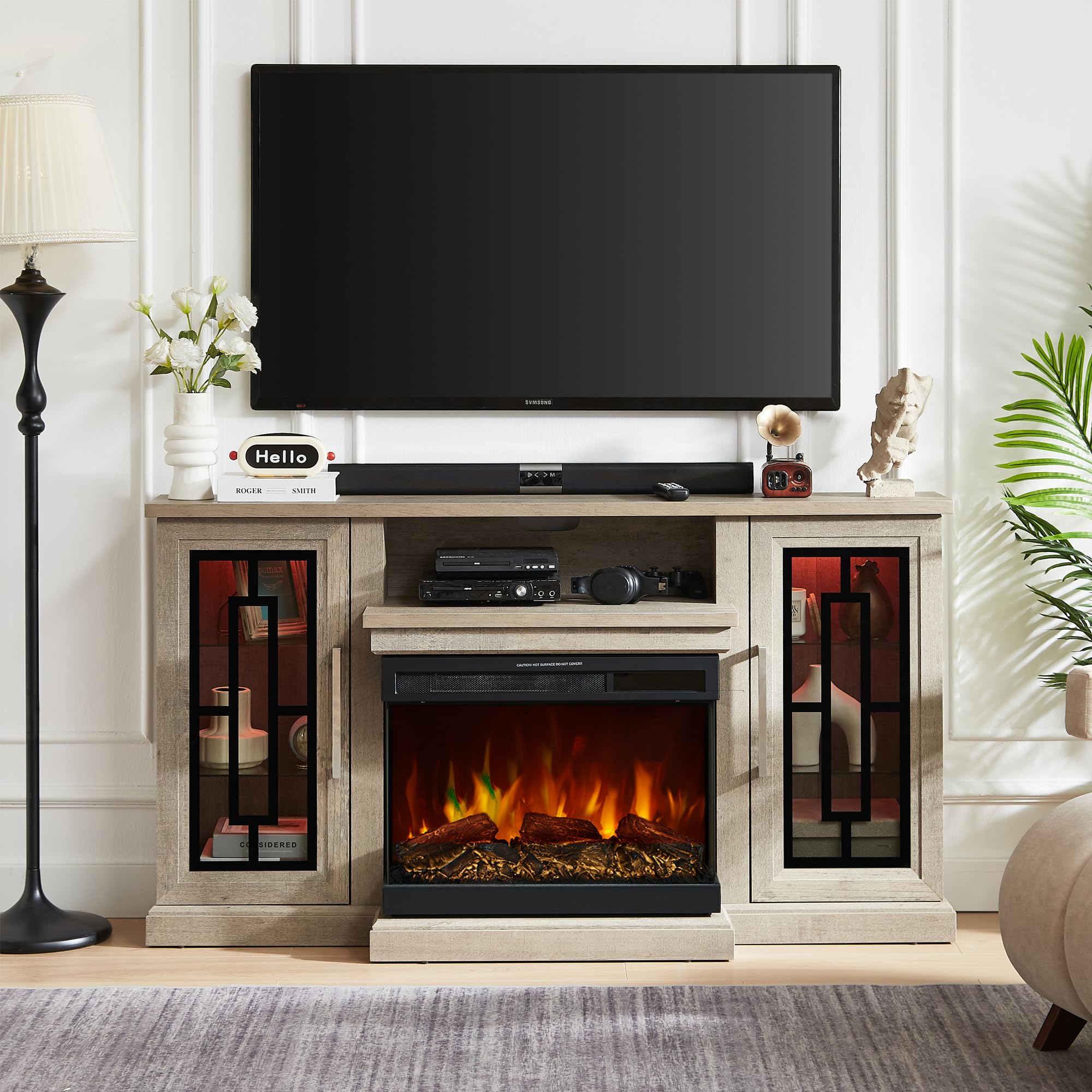 Unineo 59 Inch LED TV Stand with 3-Side Glass Fireplace, Modern Media Entertainment Center Console Table for TVs up to 65 Inch with Adjustable Color, 24’’ Fireplace, Highboy, Grey Wash