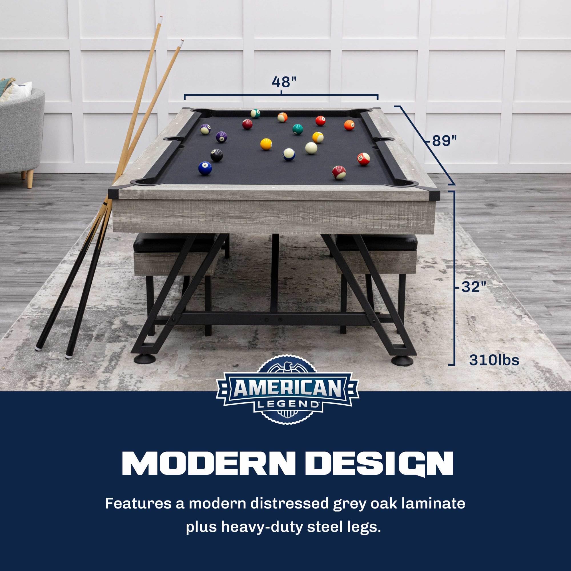 American Legend 3-in-1 Pool + Poker Dining Table - Instant Transformation - Premium Black Felt - XL Flip Top Bench Storage - Modern Design
