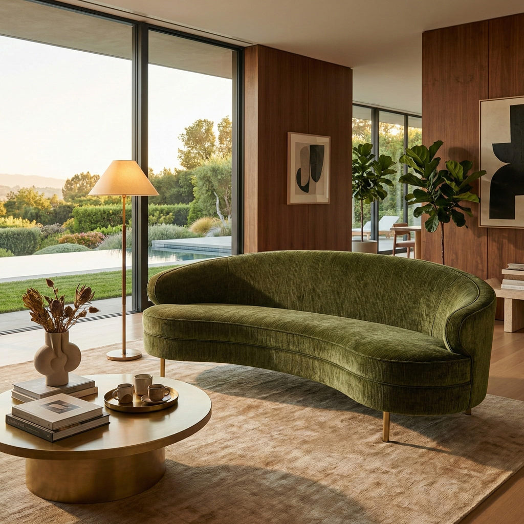 SAFAVIEH Couture - Primrose Curved Sofa - Olive Green Chenille Upholstery - Ideal for Living Room, Family Room, 89.4" W x 44" D x 33" H (SFV4715G)