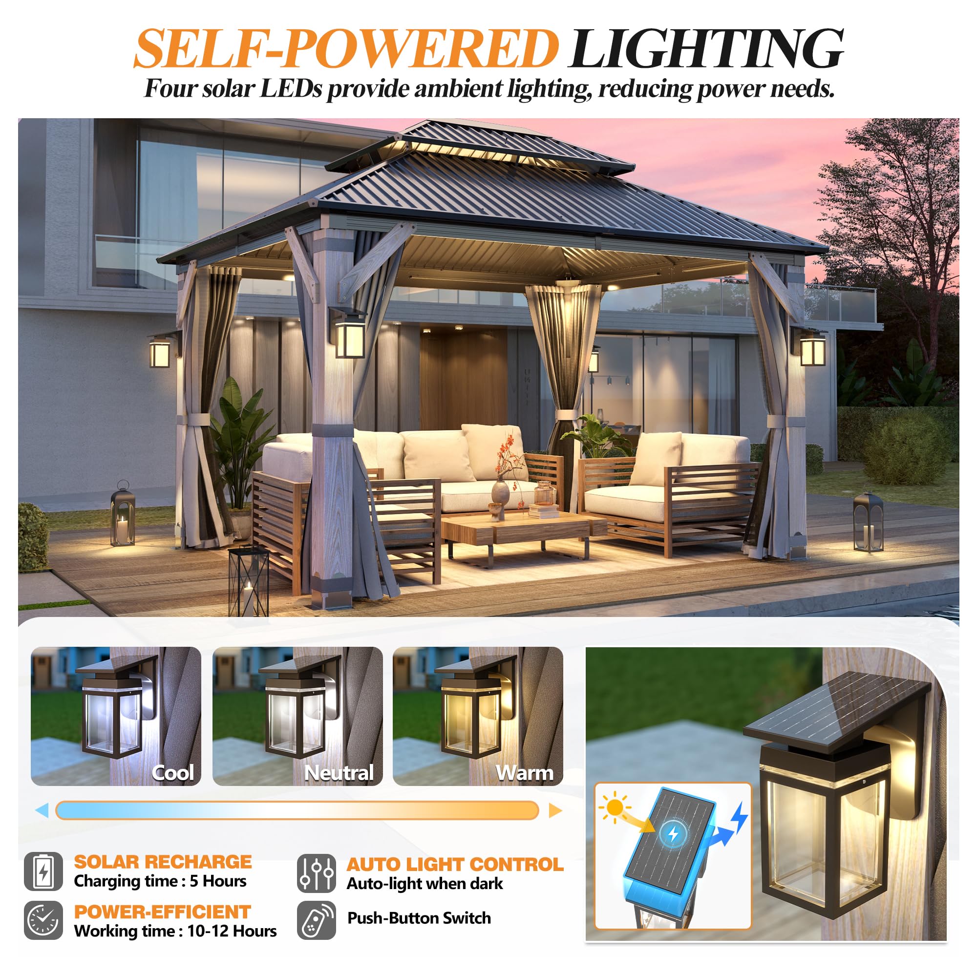 GARTOO 10' x 12' Outdoor Wood Gazebo - Permanent Wooden Hardtop Gazebo Pavilion with Double Curtains & Solar LED Light, Galvanized Steel Roof Cedar Wood Gazebos for Garden, Backyard Deck