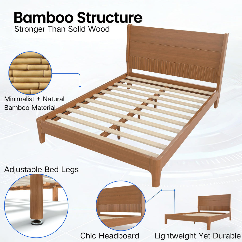 Full Size Platform Bed with Bamboo-made Structure, Mid-century Style Bedframe with Chic Design Headboard, Sustainable Bed Frame Full for Bedroom, No Box Spring Needed & Easy Assembly, Warm Brown