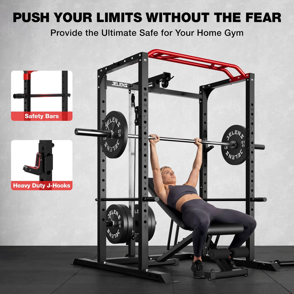 JELENS S11 Power Cage, 2000LB Multi-Function Power Rack with LAT Pulldown, Squat Rack with Adjustable Pulley System and Training Attachments, Weight Rack for Home Gym