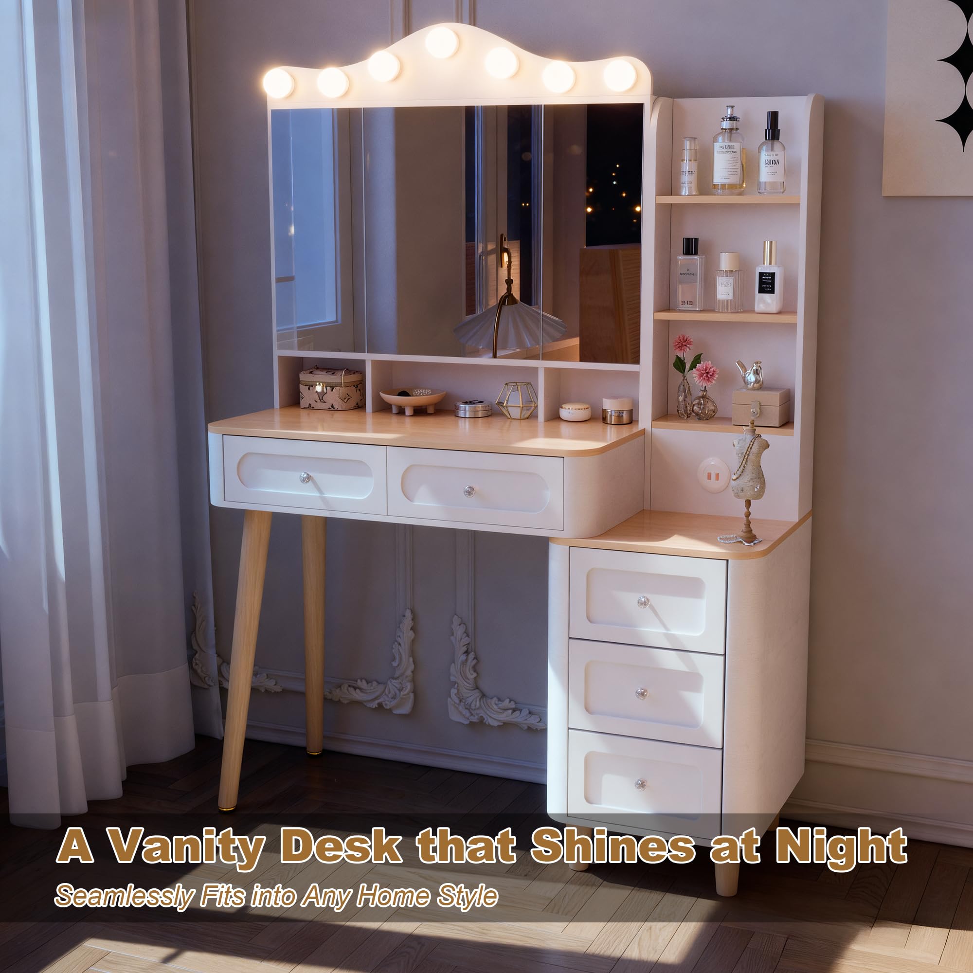 Acosure Makeup Vanity with Mirror & Power Outlet,3 Dimmable Colors Light Small Makeup Vanity Table Set with 5 Drawers & Hidden Storage Shelves Dressing Table for Women Girls Bedroom,White