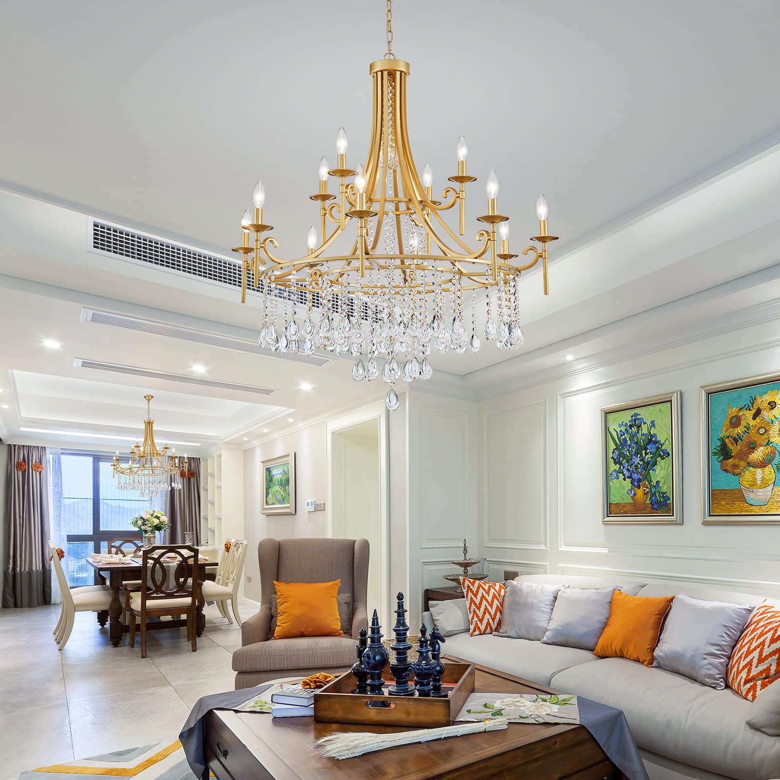 WUZUPS Candle Chandelier 12-Light Wagon Wheel Pendant Ceiling Light Modern Lighting Fixture for Bedroom Hallway Bar Kitchen Dinning Living Room Bathroom, Gold