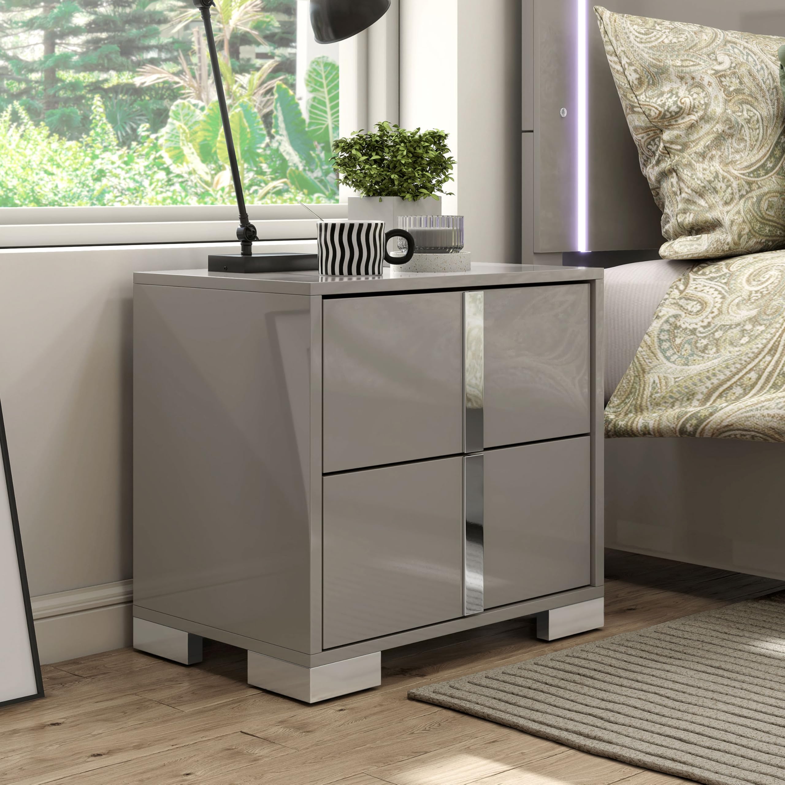 Furniture of America Alistair Modern Wood Nightstand with 2 Drawers and Vertical Chrome Handles, Large Bedside Table, Wooden Night Stand for Bedroom, Guest Room, Dorm, No Assembly Needed, Light Taupe