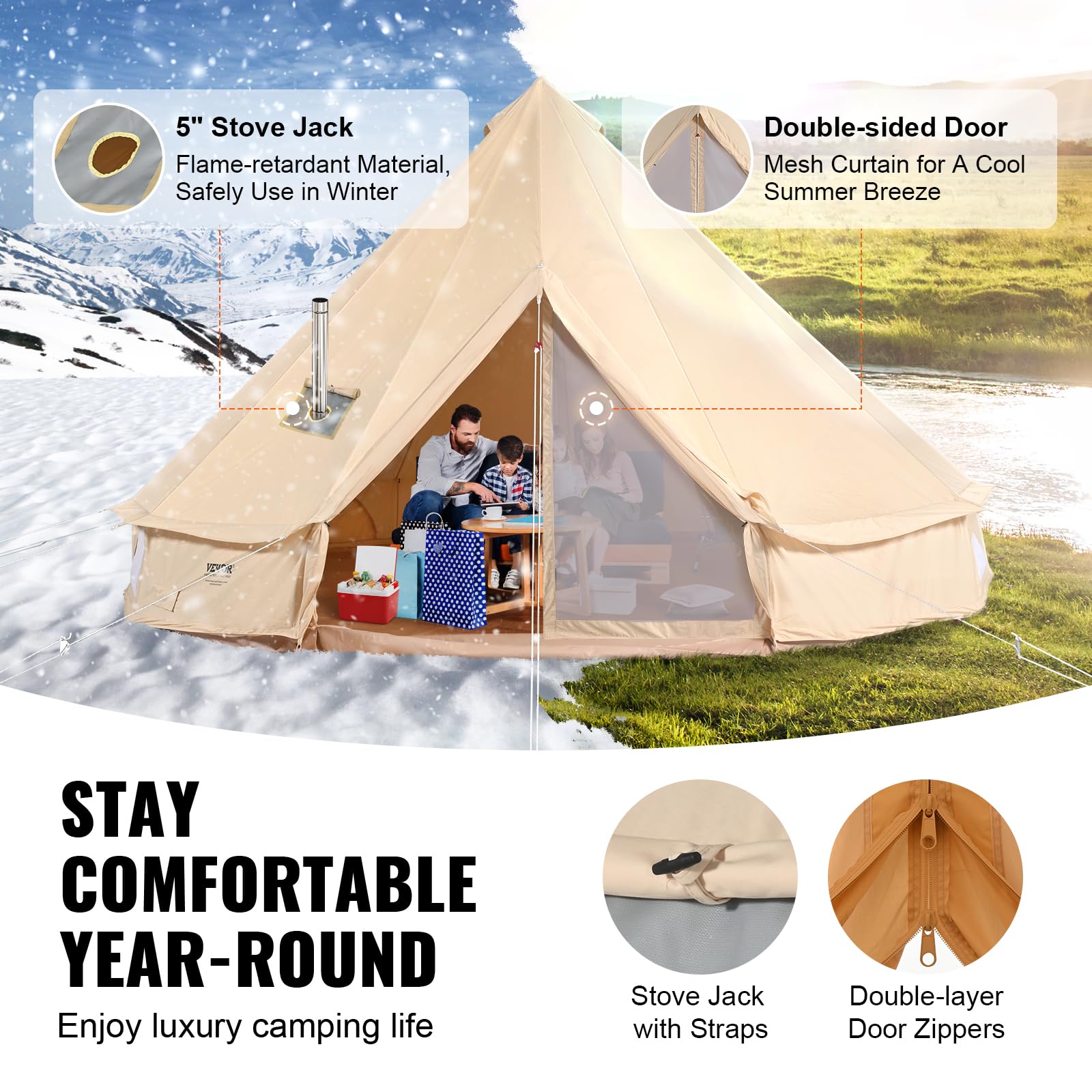 VEVOR Canvas Tent Bell Tent, 4 Seasons 7 m/22.97 ft, for Camping with Stove Jack, Family Camping Outdoor Hunting Party