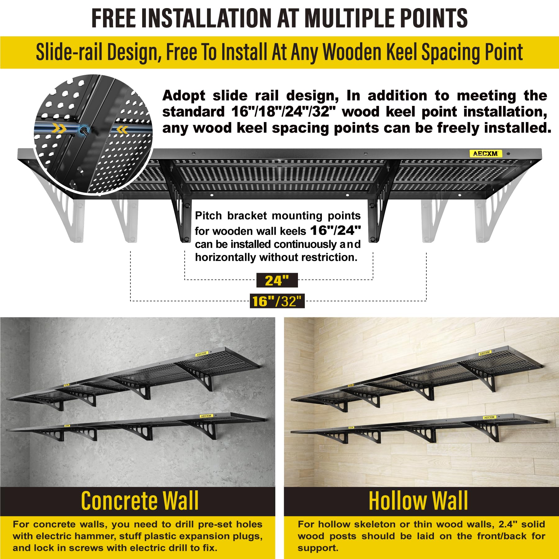 Aecxm 4-Pack 1.64x4ft Adjustable Garage Wall Shelving 1120lbs Load Capacity Heavy Duty Wall Mounted Storage Shelf Metal Floating Shelves for Garage(Black)