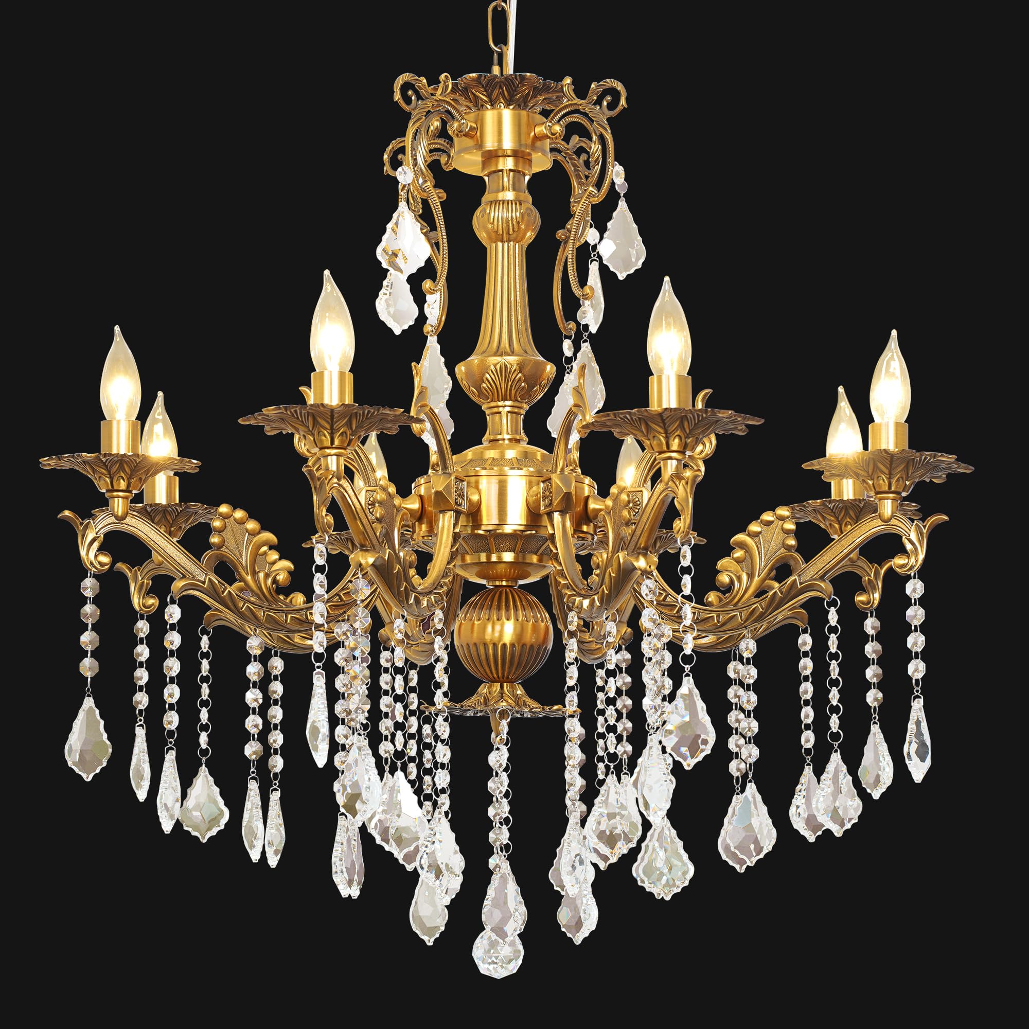 Luxury Copper Crystal Chandelier, 30" Vintage K9 Crystal Pendant Light with 8 Lights, Antique Brass Finish Ceiling Light Fixture with Scrolled Arms for Dining Room Living Room Foyer Villa Hotel
