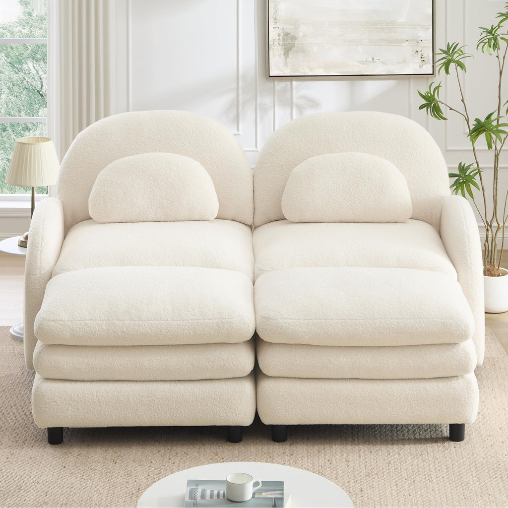 KEIKI 68.5" Chaise Lounges Indoor Modular Loveseat with 2 Ottomans Teddy Fleece, Soft Perfect for Compact Living Room Furniture Space with Space Saving Design and Convertible Modular Use, Beige