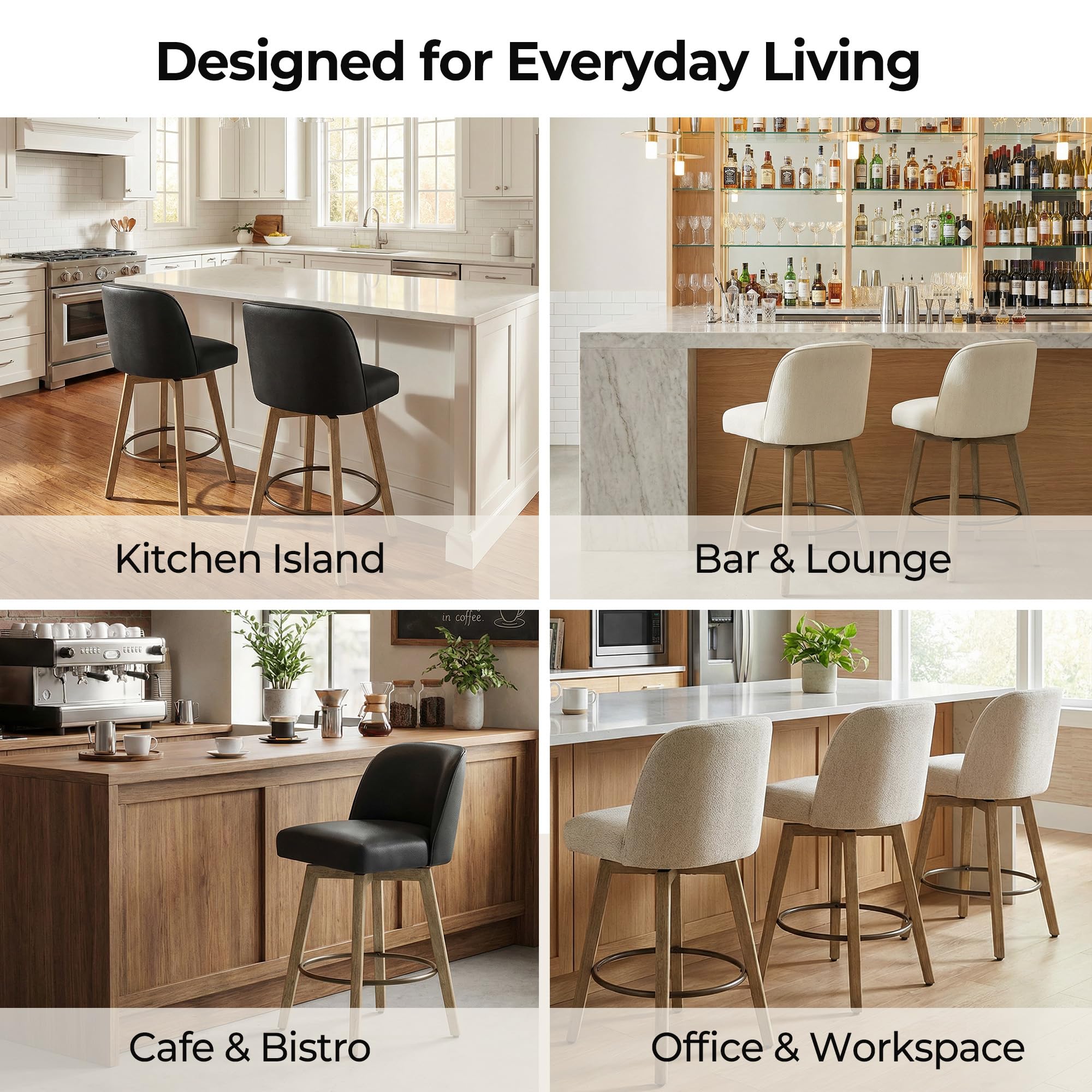 CHITA Modern Swivel Counter Height Bar Stools Set of 2, 26" Upholstered Counter Stools, Solid Wood Legs, Comfortable Cushioned Seat, Cream Fabric