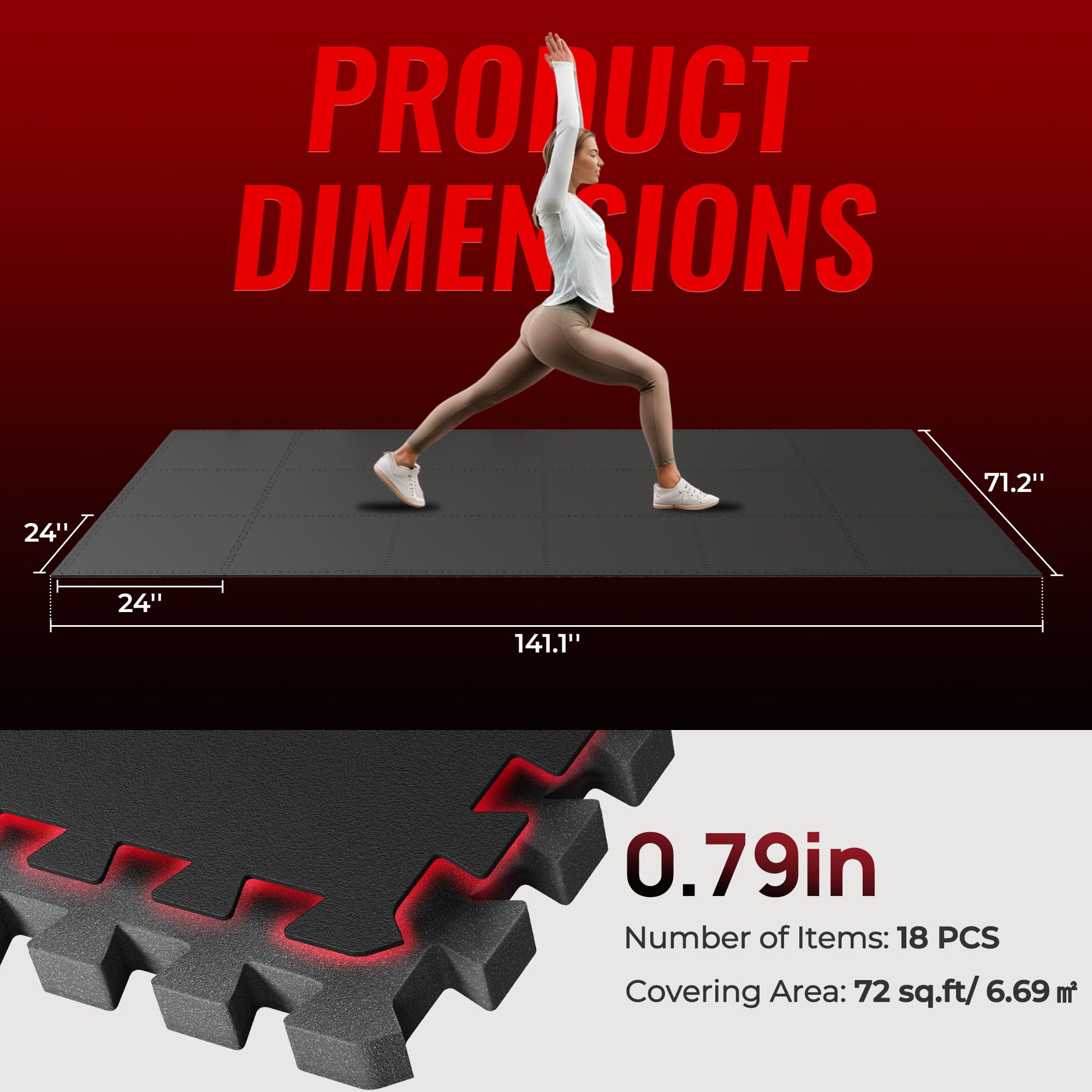 SUPERJARE 0.79'' Extra-Thick Exercise Equipment Mats, 18 Pcs 72 Sq Ft Rubber Top Floor Tiles with High Density EVA Foam, Interlocking Gym Flooring for Home Gym, Workout Mat, Black