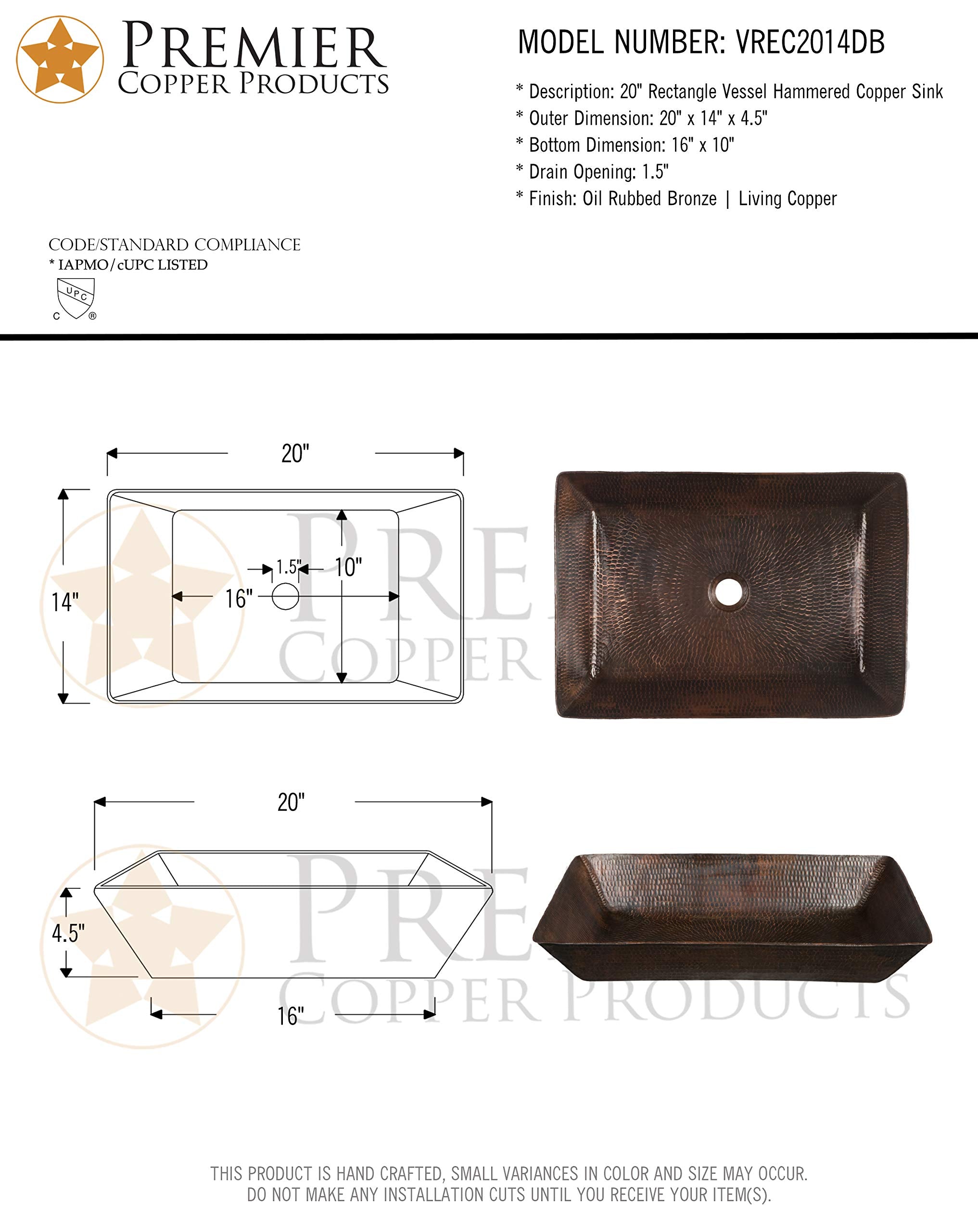 Premier Copper Products Rectangle 20 in. Hammered Copper Vessel Sink in Oil Rubbed Bronze VREC2014DB