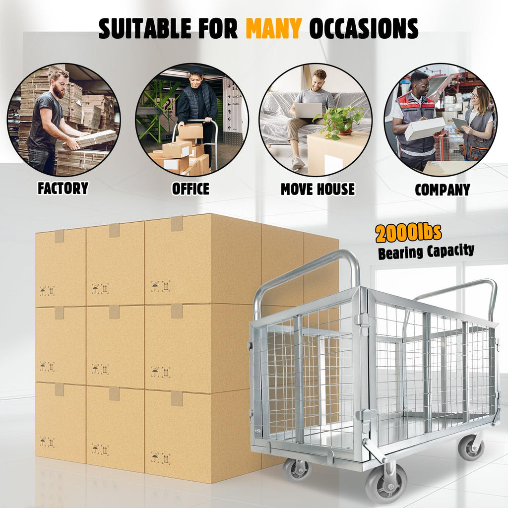 Platform Truck Cart with Cage, Multipurpose 6 in1 Foldable Flatbed Cart Heavy Duty Push Cart Dolly W/Swivel Wheels 2000lbs Capacity Utility Hand Cart for Grocery/Laundry/Stall/Storage