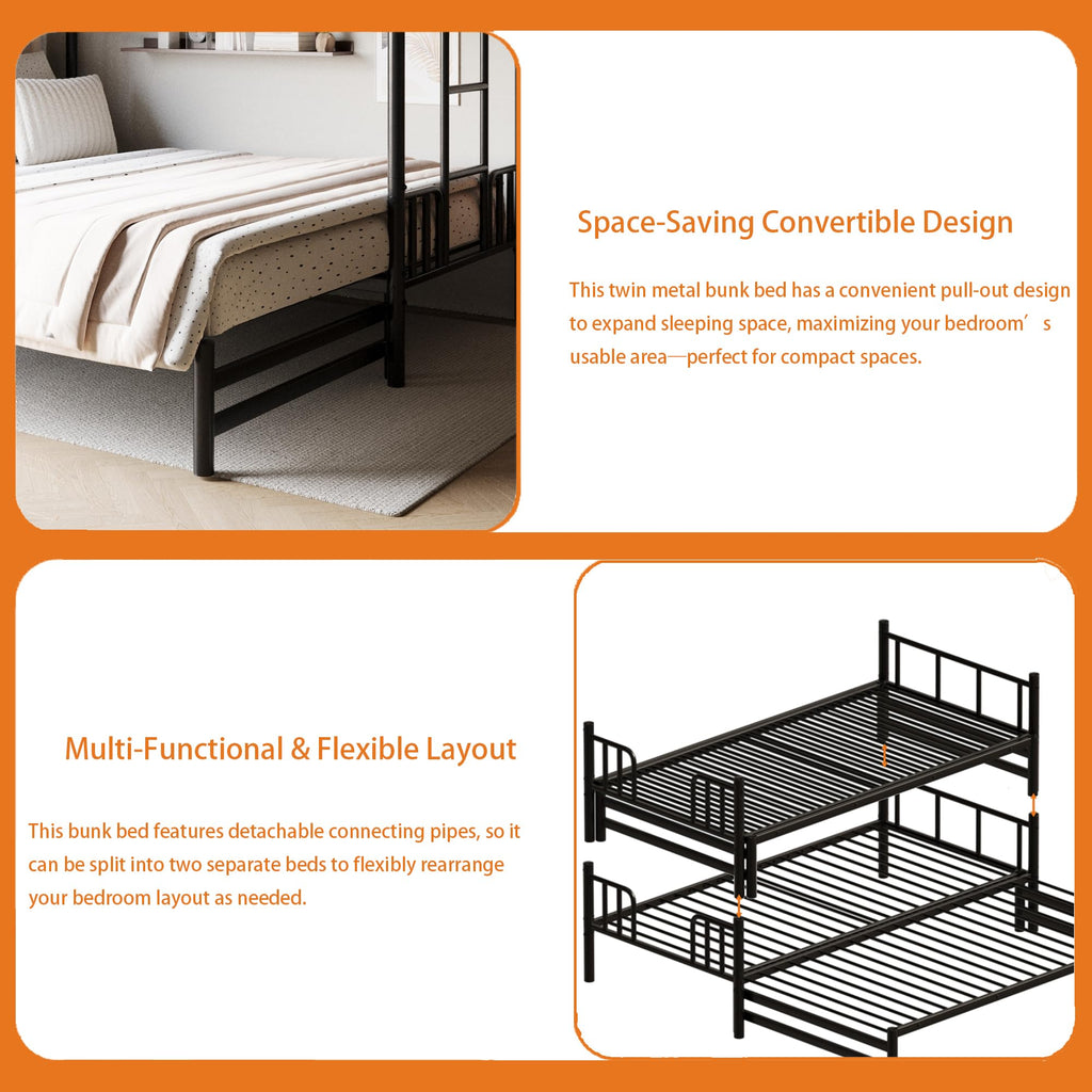 KavlSean Twin Over King Bunk Bed with Safety Guardrail, Metal Pull-Out Bunk Bed Frame with Built-in Ladder, No Box Spring Needed, Extendable Beds for Kids/Teen/Adults, Bedroom, Dorm