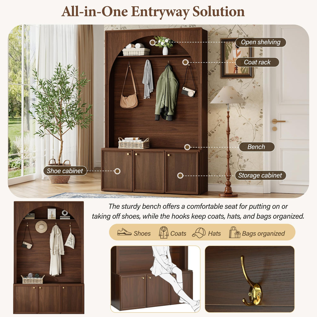 Merax Farmhouse Hall Tree with Bench and 3 Cabinets, 4-in-1 Entryway Coat Rack with 4 Golden Hooks and Top Compartments, 77.5" Retro Arched Entryway Hall Tree for Hallway, Mudroom, Entrance, Walnut